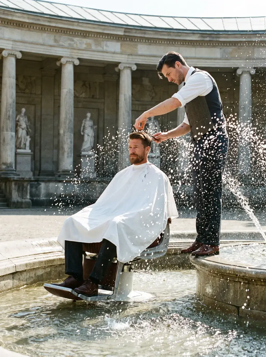 Barbier rasant un client installé au bord d'une fontaine à colonnades