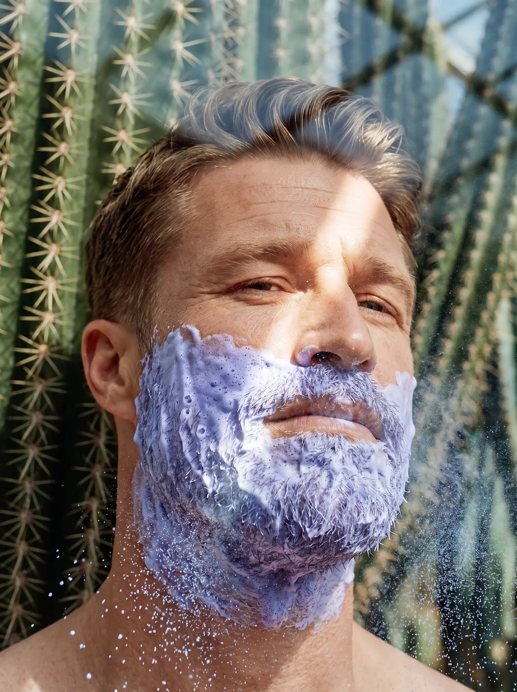 Portrait d'homme à la barbe recouverte de mousse à raser lavande, devant un mur de cactus