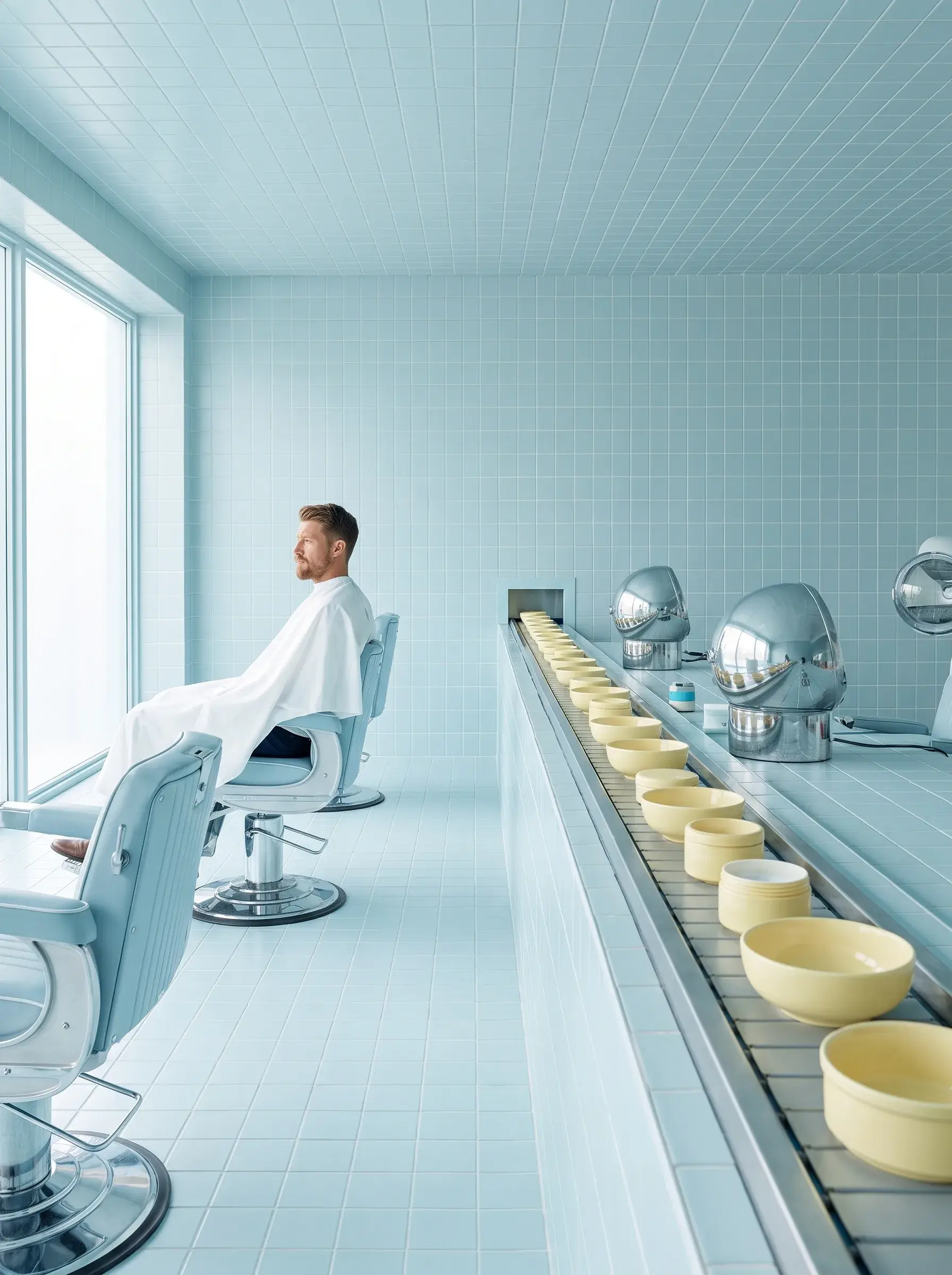 Homme en cape blanche assis face à la fenêtre dans un salon carrelé bleu pastel, tapis roulant de bols jaunes et casques séchoirs