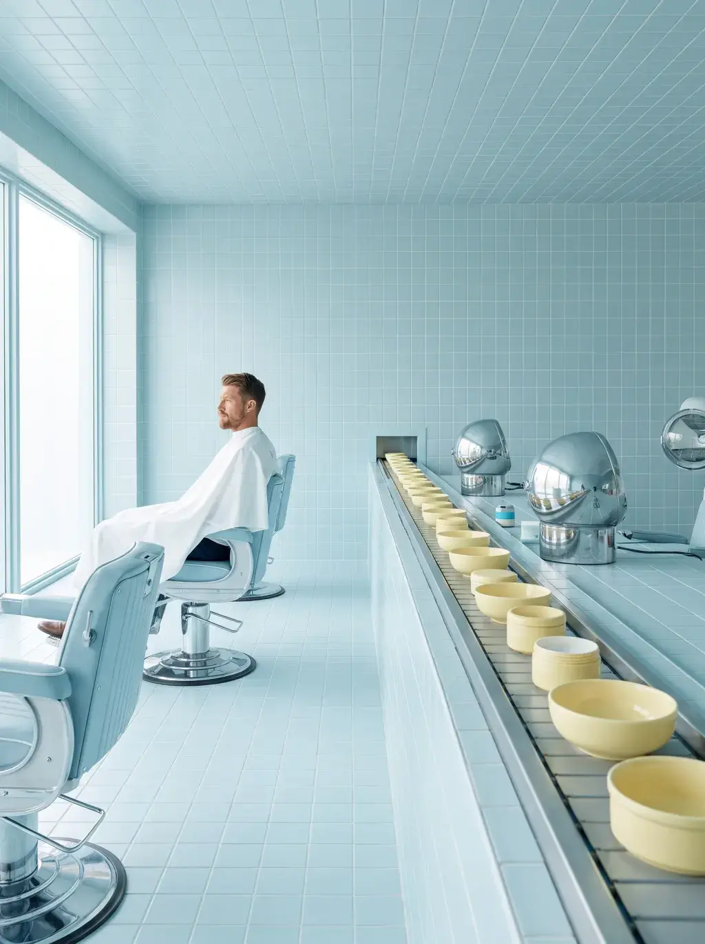 Homme en cape blanche assis face à la fenêtre dans un salon carrelé bleu pastel, tapis roulant de bols jaunes et casques séchoirs