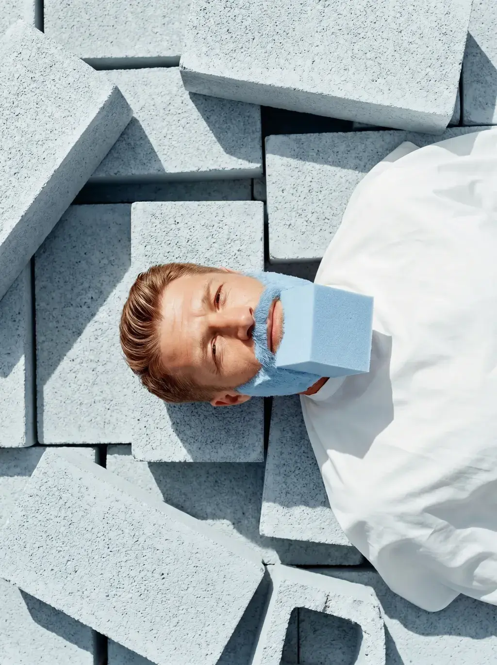 Homme allongé parmi des blocs de béton, bloc de mousse à raser bleu appliqué sur la bouche