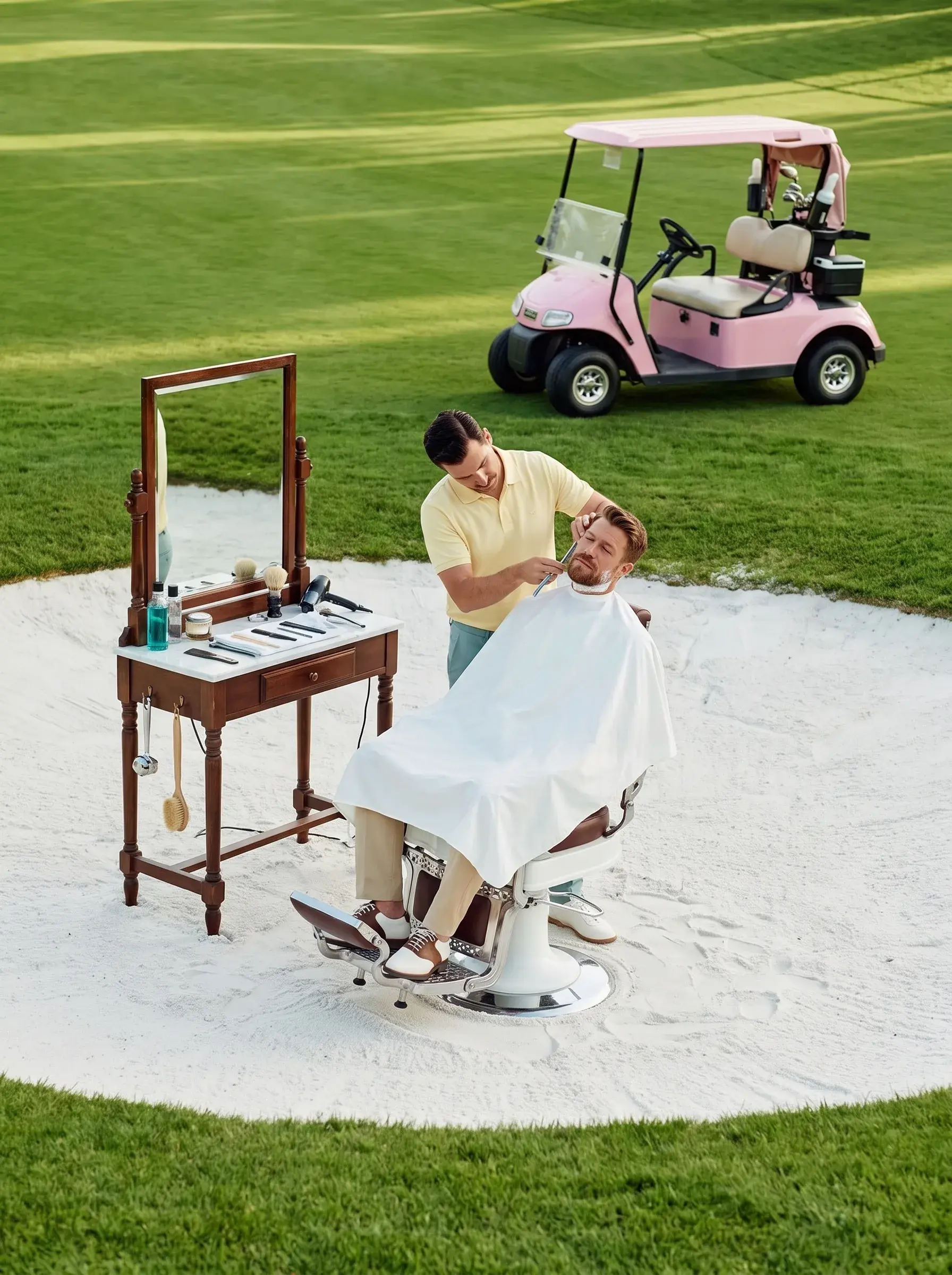 Barbier rasant un client assis dans un bunker de golf, table de toilette vintage et voiturette rose en arrière-plan