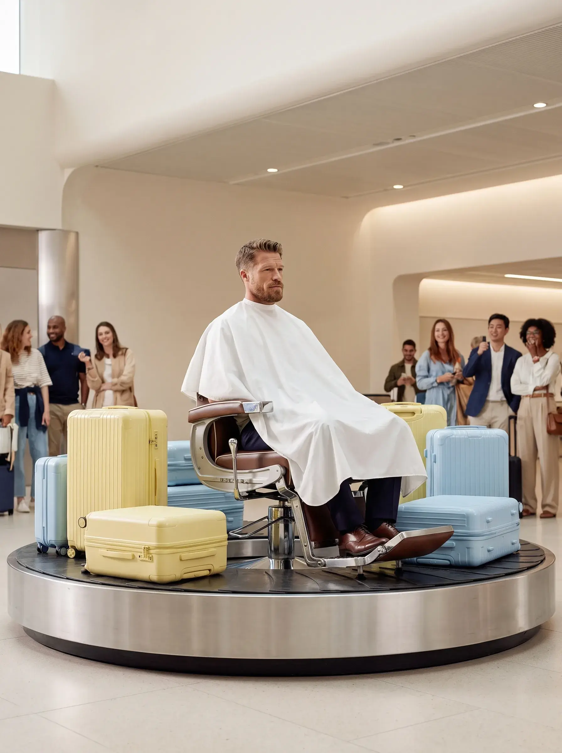 Homme en cape de coiffure assis sur un tapis à bagages d'aéroport, entouré de valises pastel et de voyageurs curieux