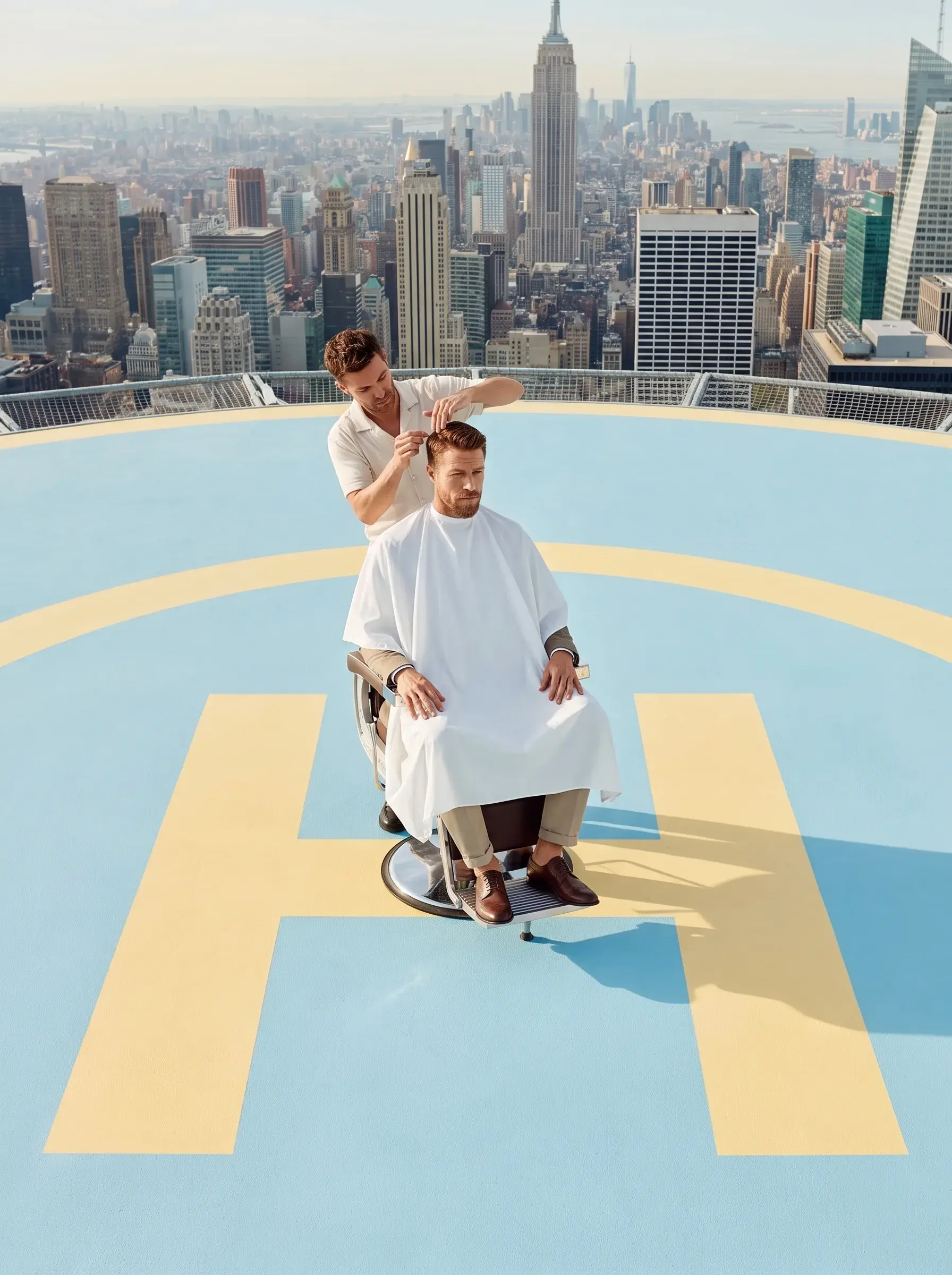Barbier coupant les cheveux d'un client sur un héliport, gratte-ciel de New York en arrière-plan