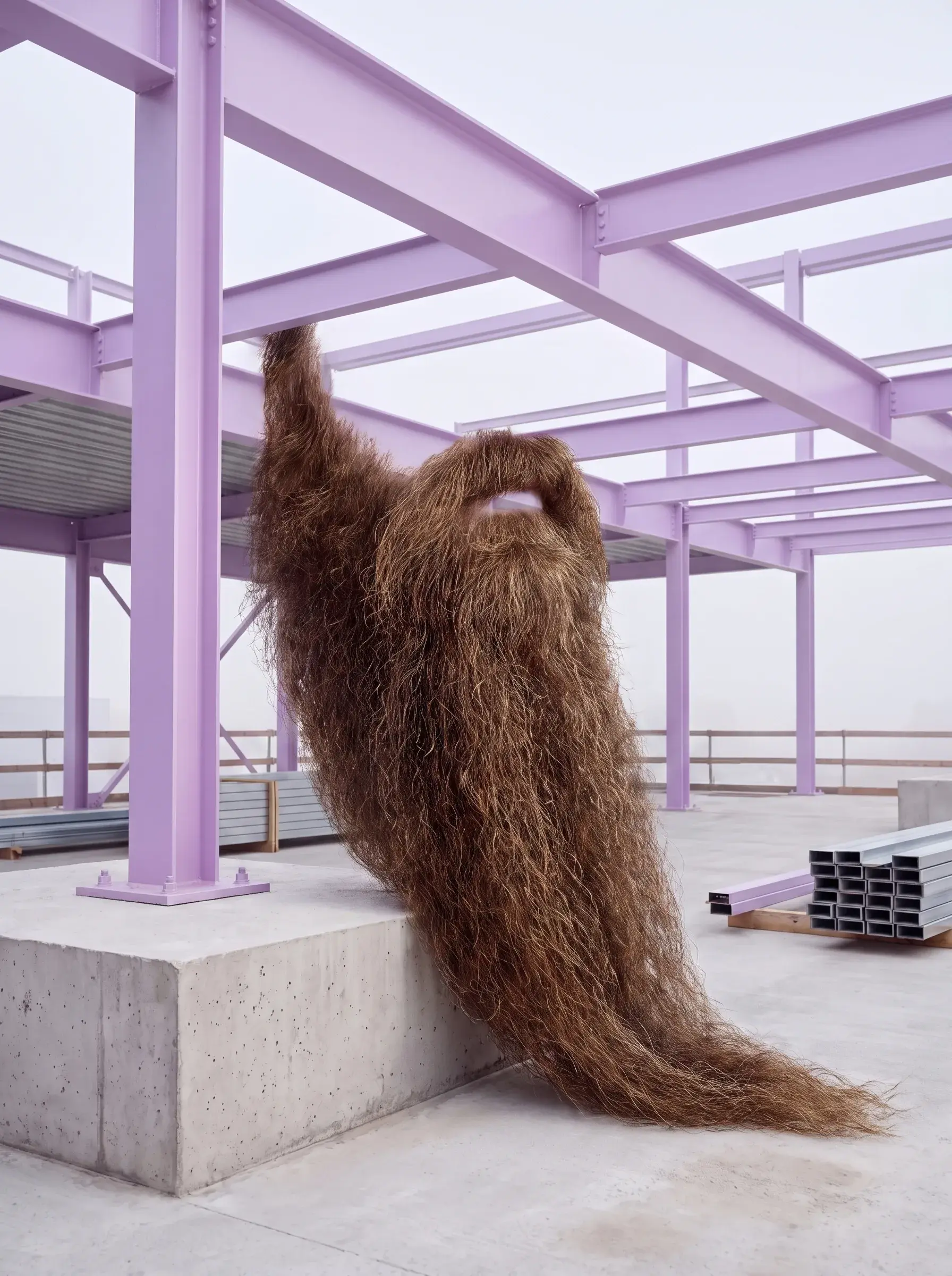 Sculpture géante de barbe hirsute suspendue à une charpente métallique lilas sur un chantier