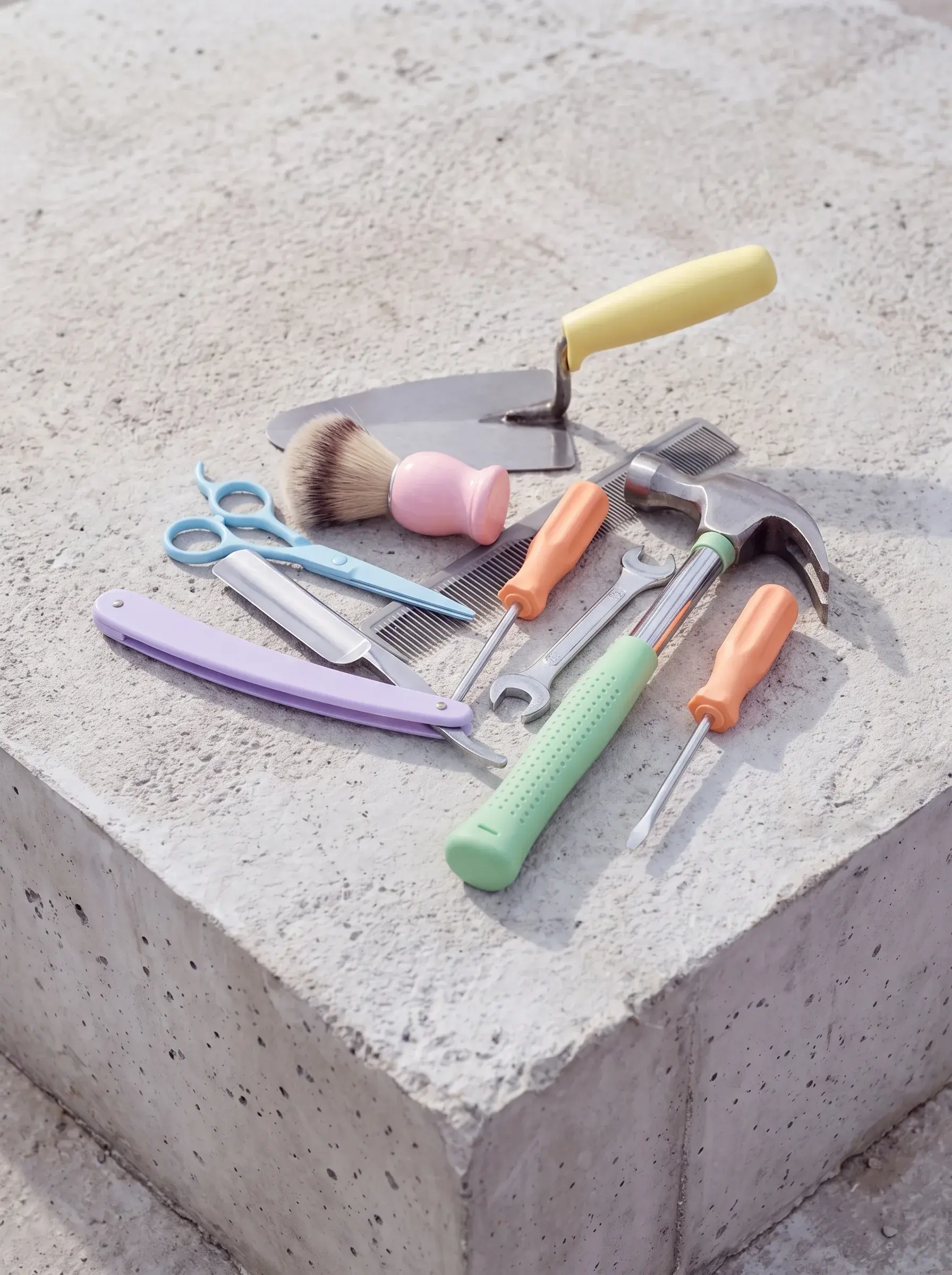Flat lay d'outils de bricolage et de coiffure pastel sur un bloc de béton