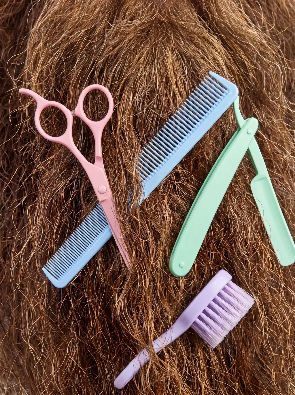 Ciseaux, peigne et brosse pastel plantés dans une chevelure brune bouclée