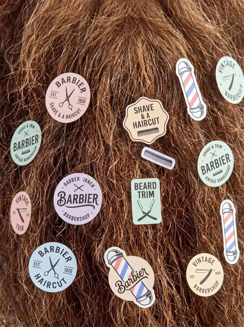 Gros plan d'une chevelure brune parsemée de badges pastel à l'effigie de barbier