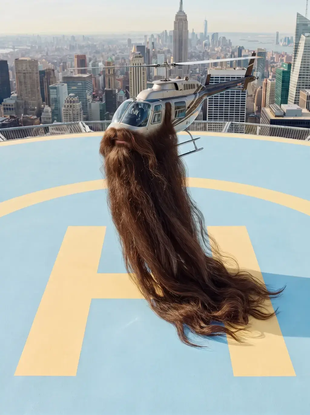 Sculpture géante de barbe hirsute accrochée à un hélicoptère survolant un héliport, gratte-ciel de New York