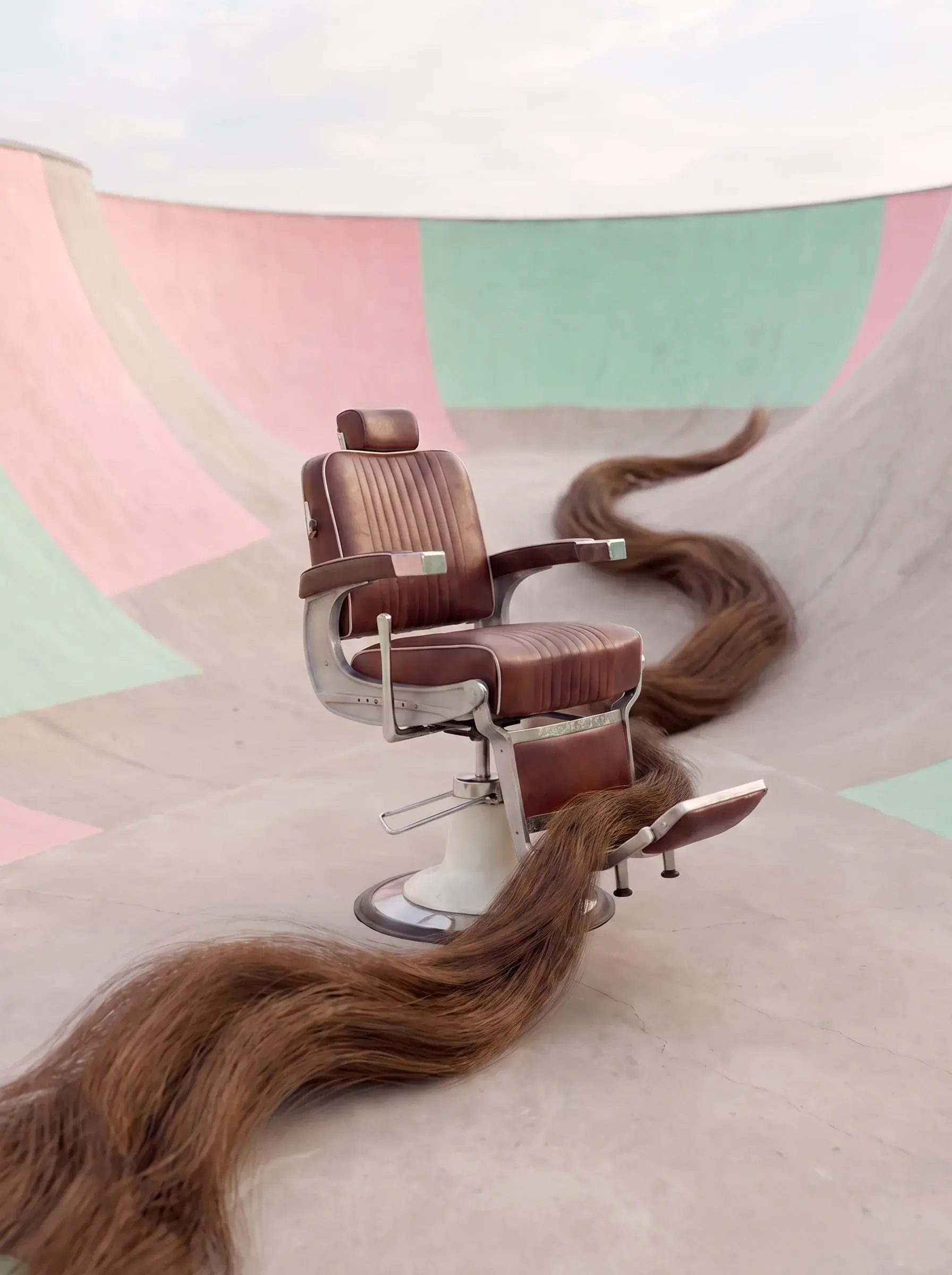 Vue aérienne d'un fauteuil de barbier vintage relié à une longue mèche de cheveux ondulée dans un skatepark pastel