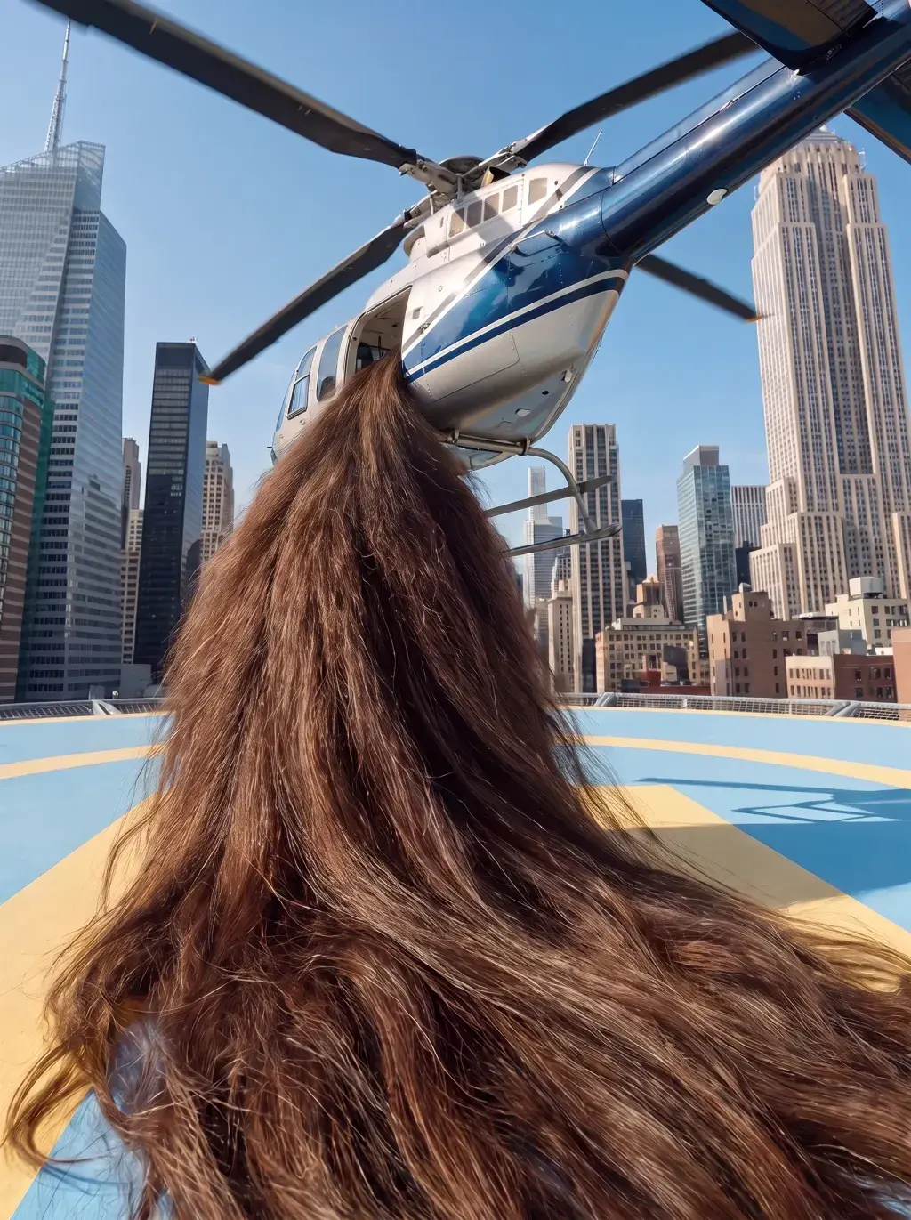 Longue chevelure brune flottant au vent face à un hélicoptère sur un héliport, gratte-ciel de New York