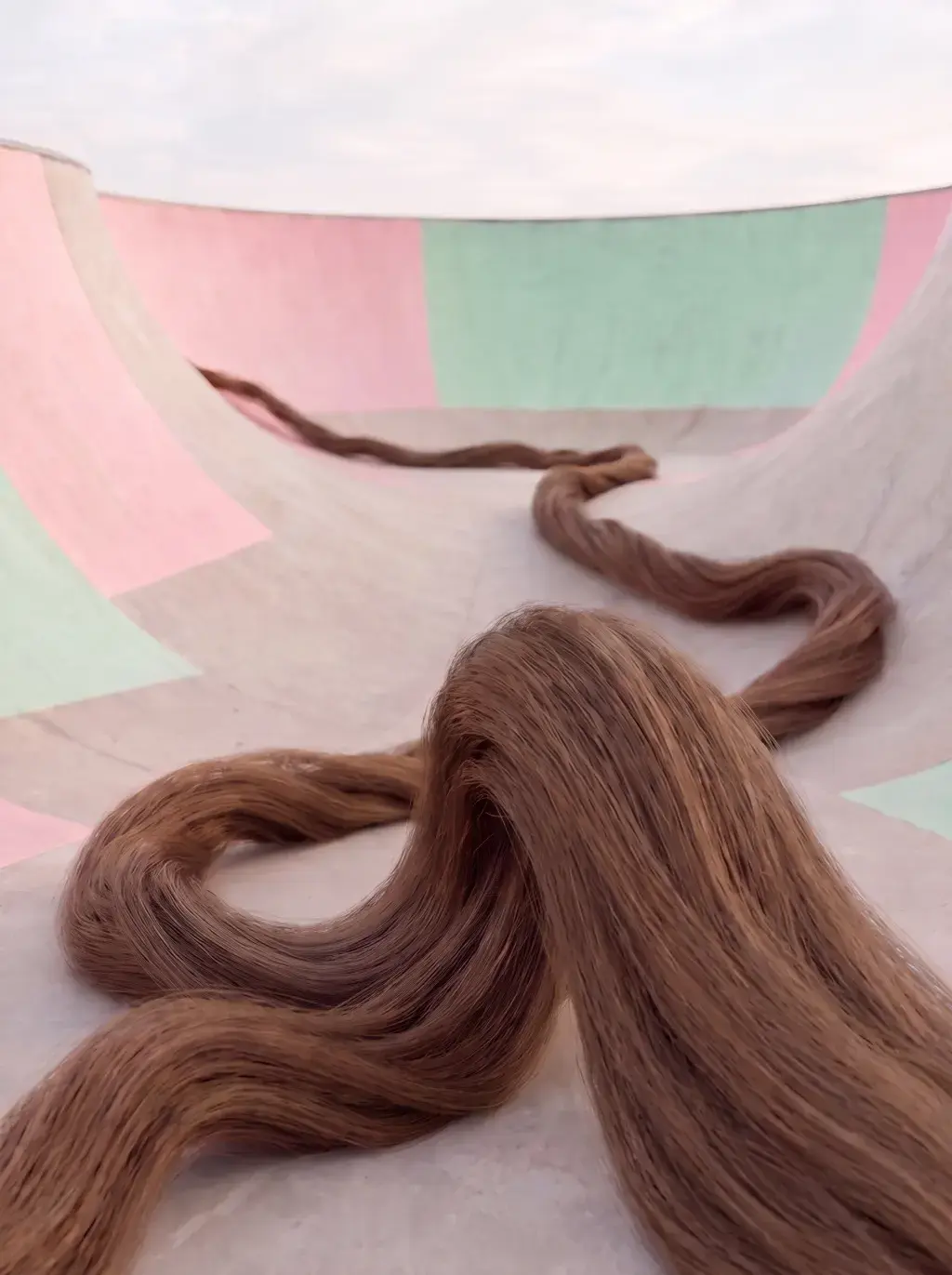 Gros plan d'une longue mèche de cheveux ondulée serpentant sur le sol d'un skatepark pastel