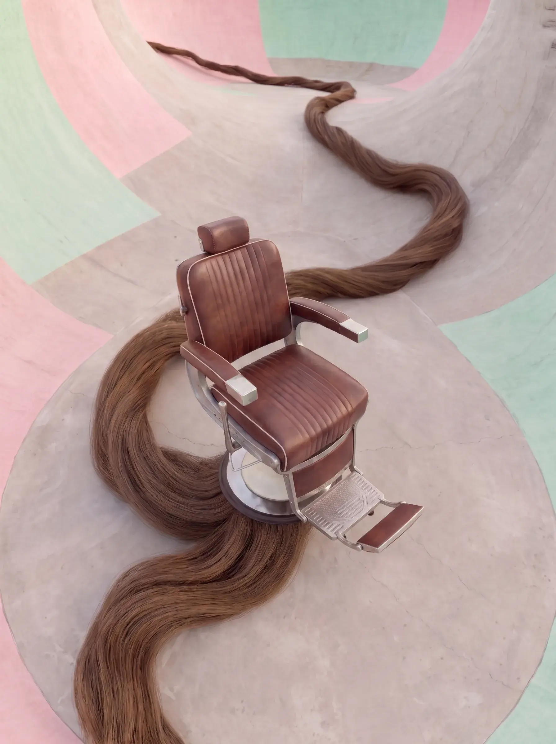Vue aérienne rapprochée d'un fauteuil de barbier vintage entouré d'une mèche de cheveux géante dans un skatepark pastel