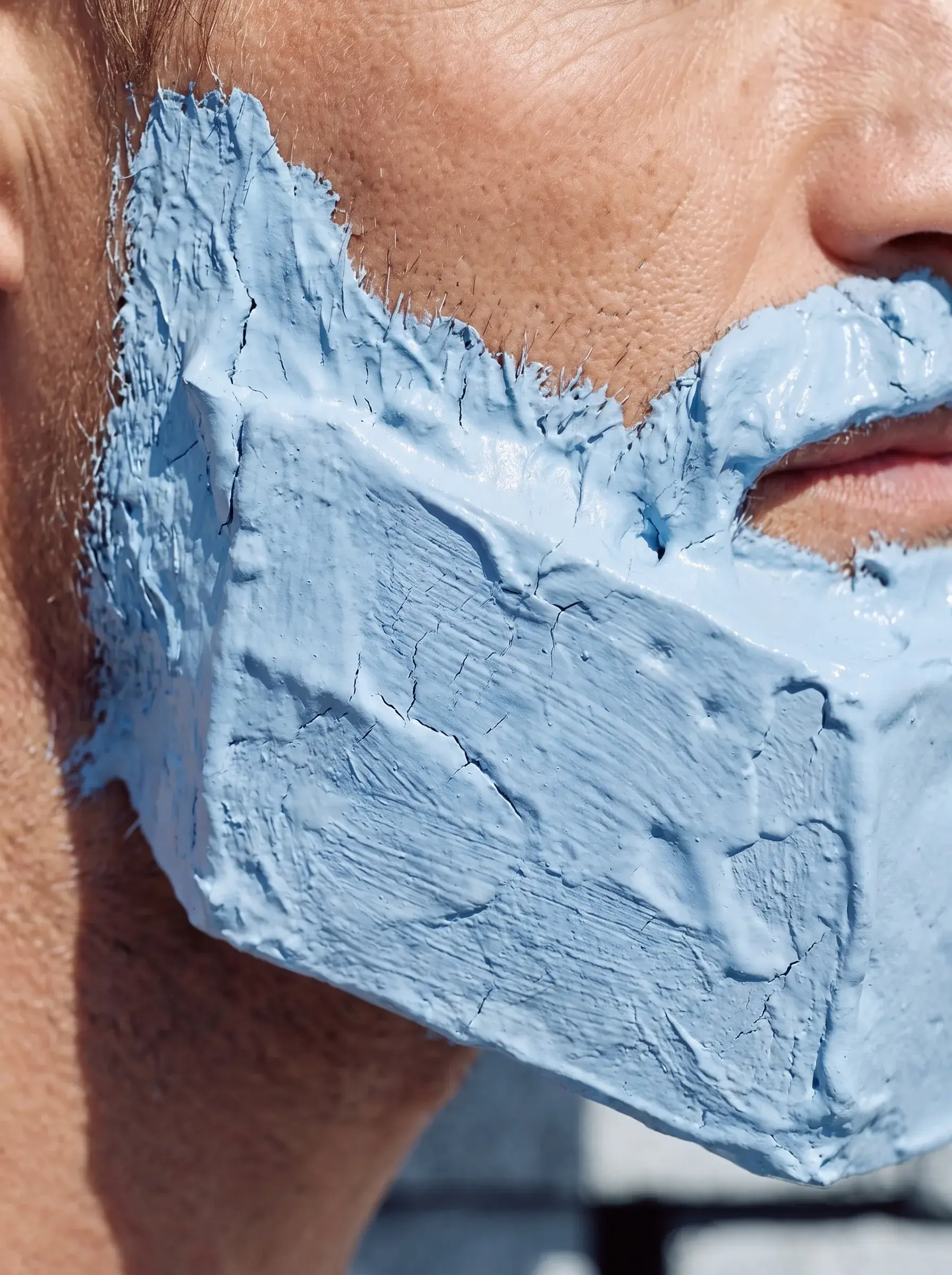 Gros plan d'un masque d'argile bleue craquelée en forme de barbe sur le visage d'un homme