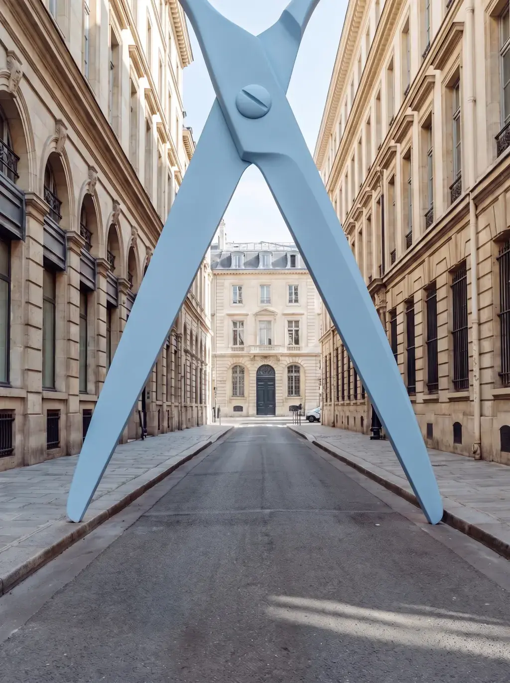 Sculpture géante de ciseaux bleu pastel formant une arche au-dessus d'une rue parisienne haussmannienne