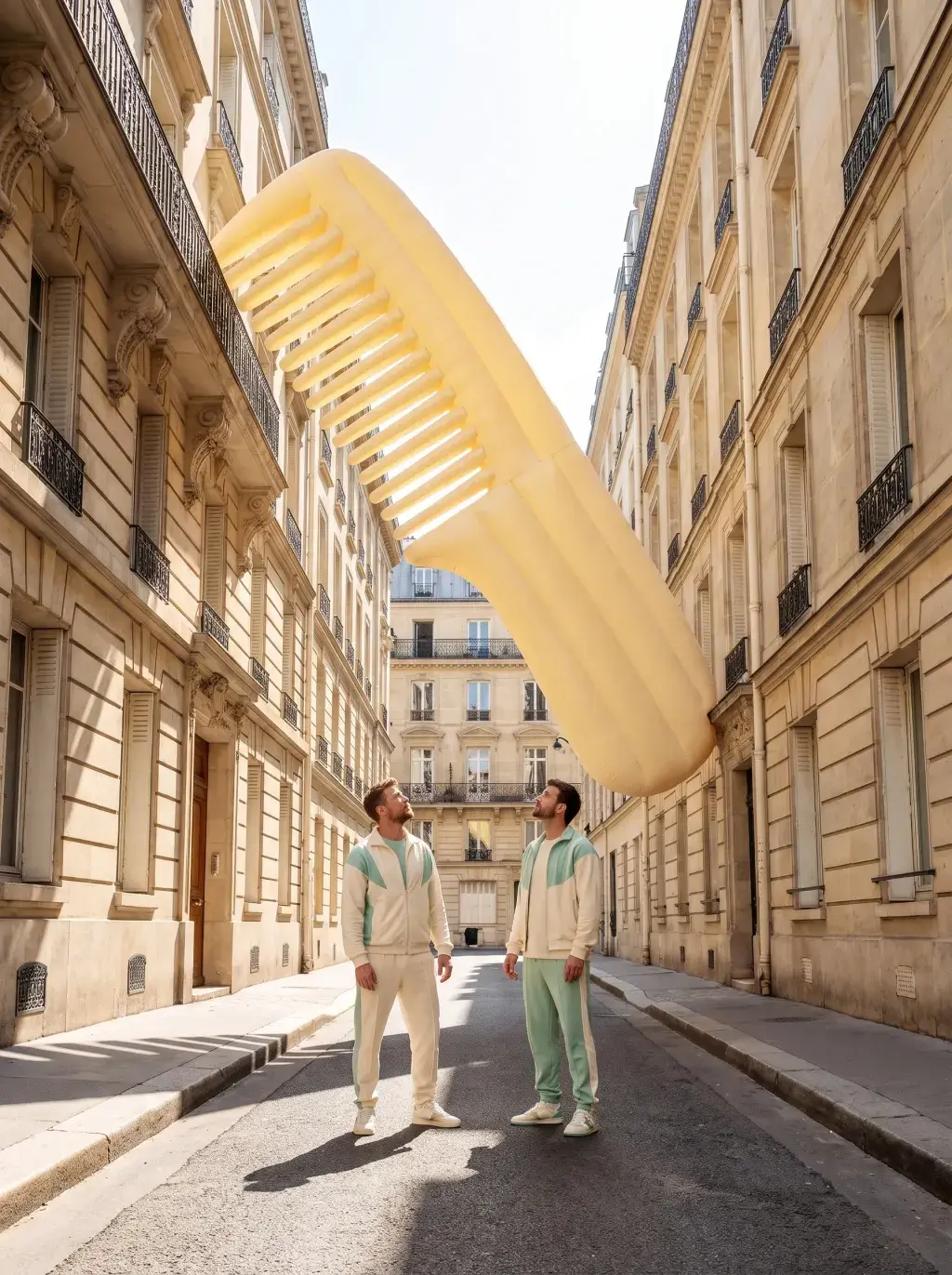 Peigne géant jaune pastel suspendu au-dessus de deux hommes en survêtement assortis dans une rue parisienne