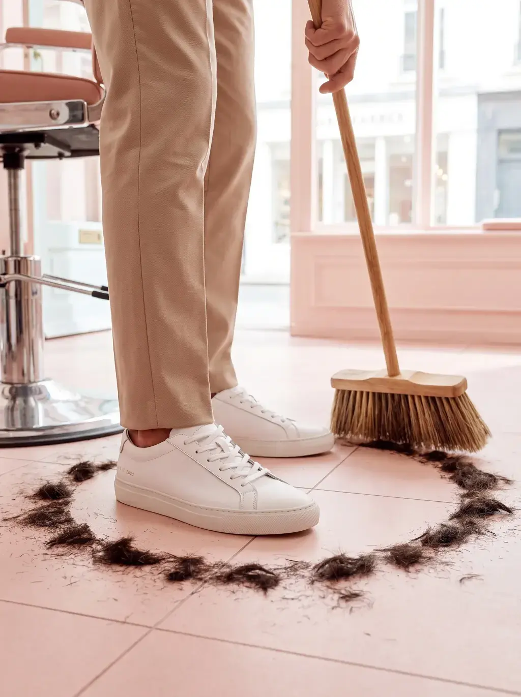 Barbier balayant des mèches de cheveux coupées en cercle sur le carrelage rose d'un salon