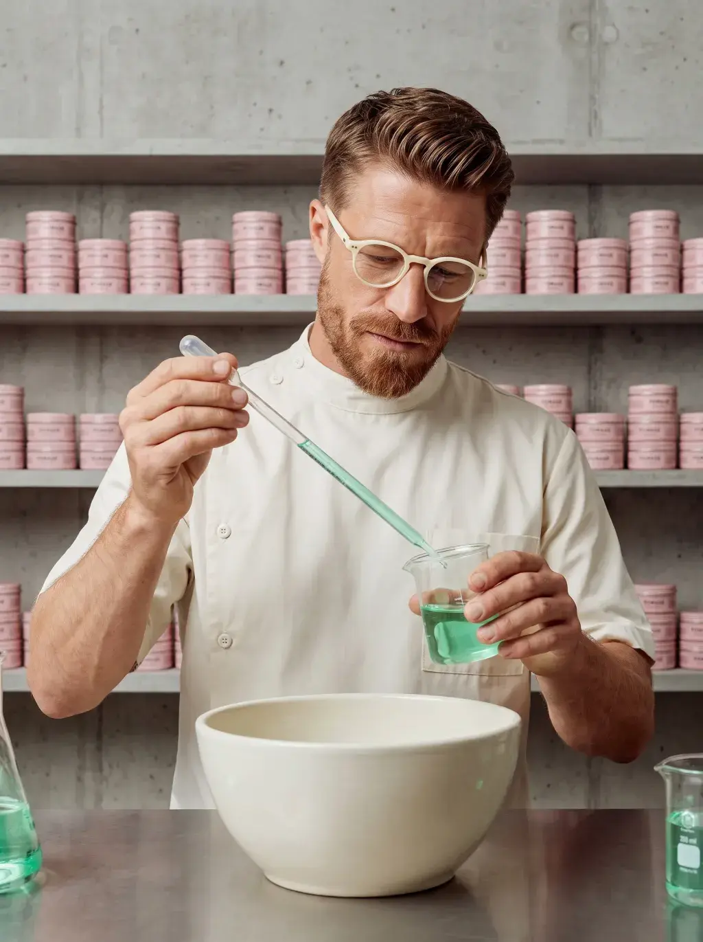 Chimiste en blouse blanche mélangeant un liquide vert dans un laboratoire de cosmétique en béton