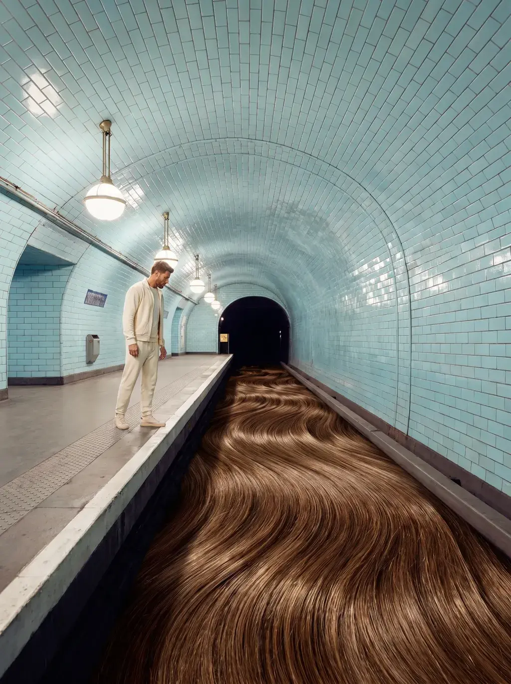 Homme observant une rivière de cheveux ondulés envahissant les rails d'une station de métro carrelée bleue