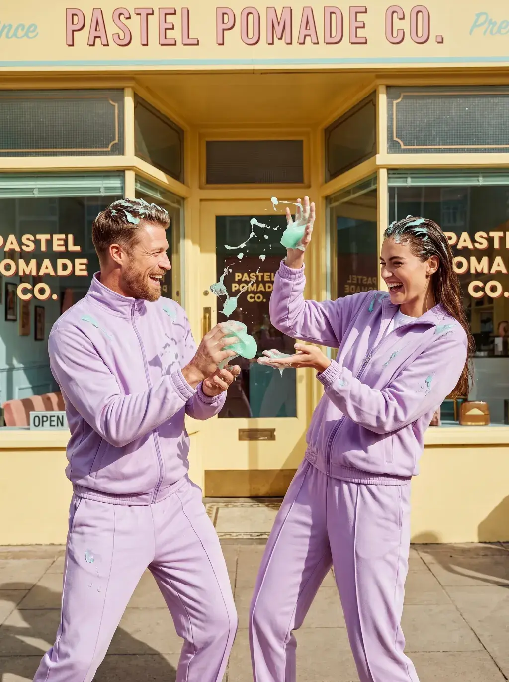 Couple riant en survêtement lilas se lançant de la pommade vert menthe devant la vitrine Pastel Pomade Co.