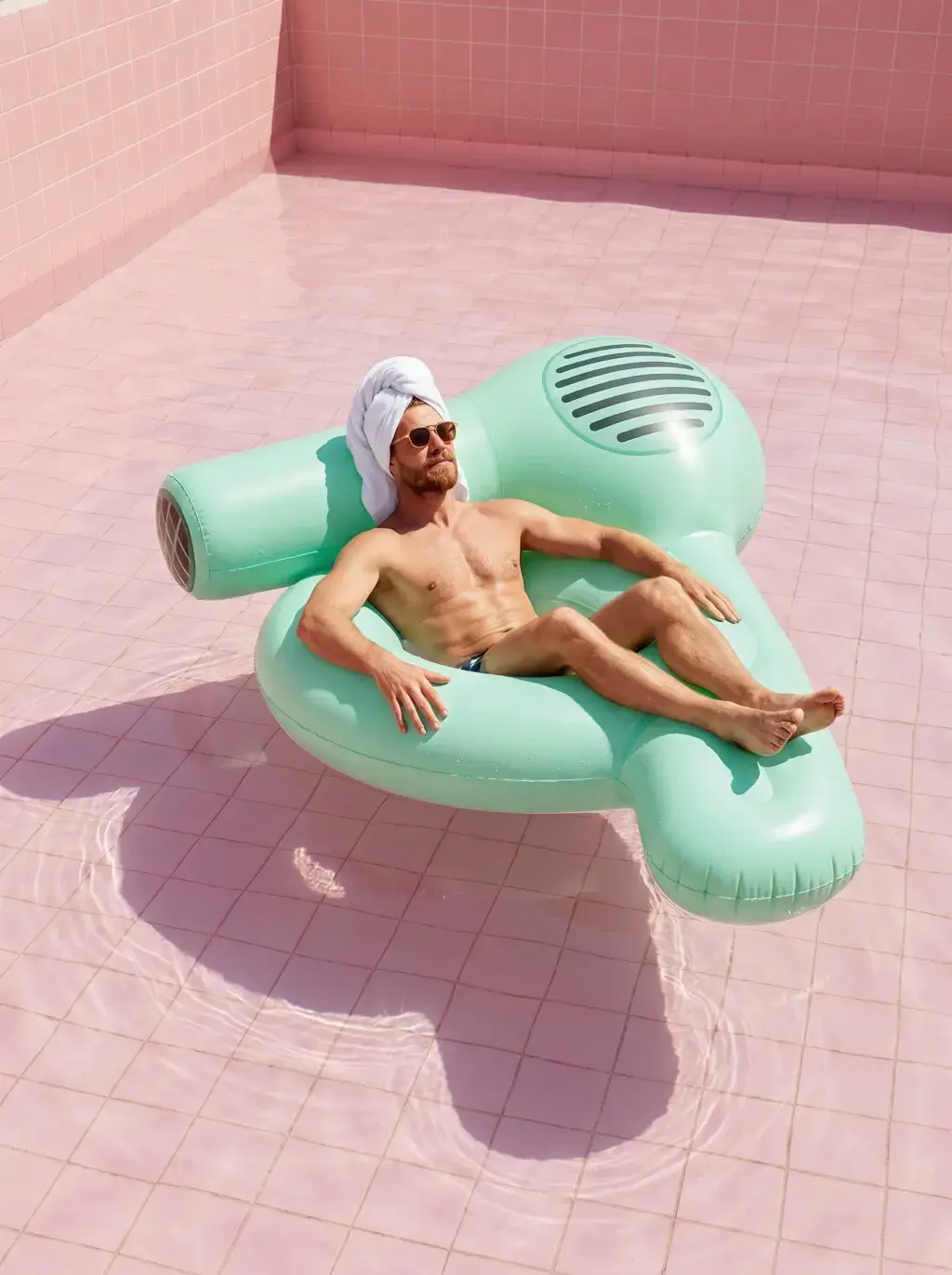 Homme détendu en serviette turban sur une bouée gonflable géante en forme de sèche-cheveux, carrelage rose