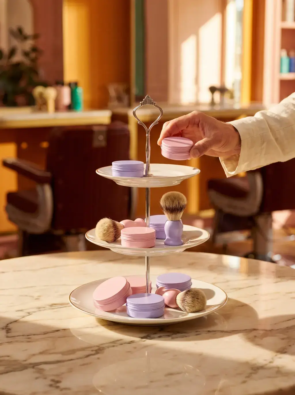 Main choisissant un pot de crème sur un présentoir à étages façon pâtisserie