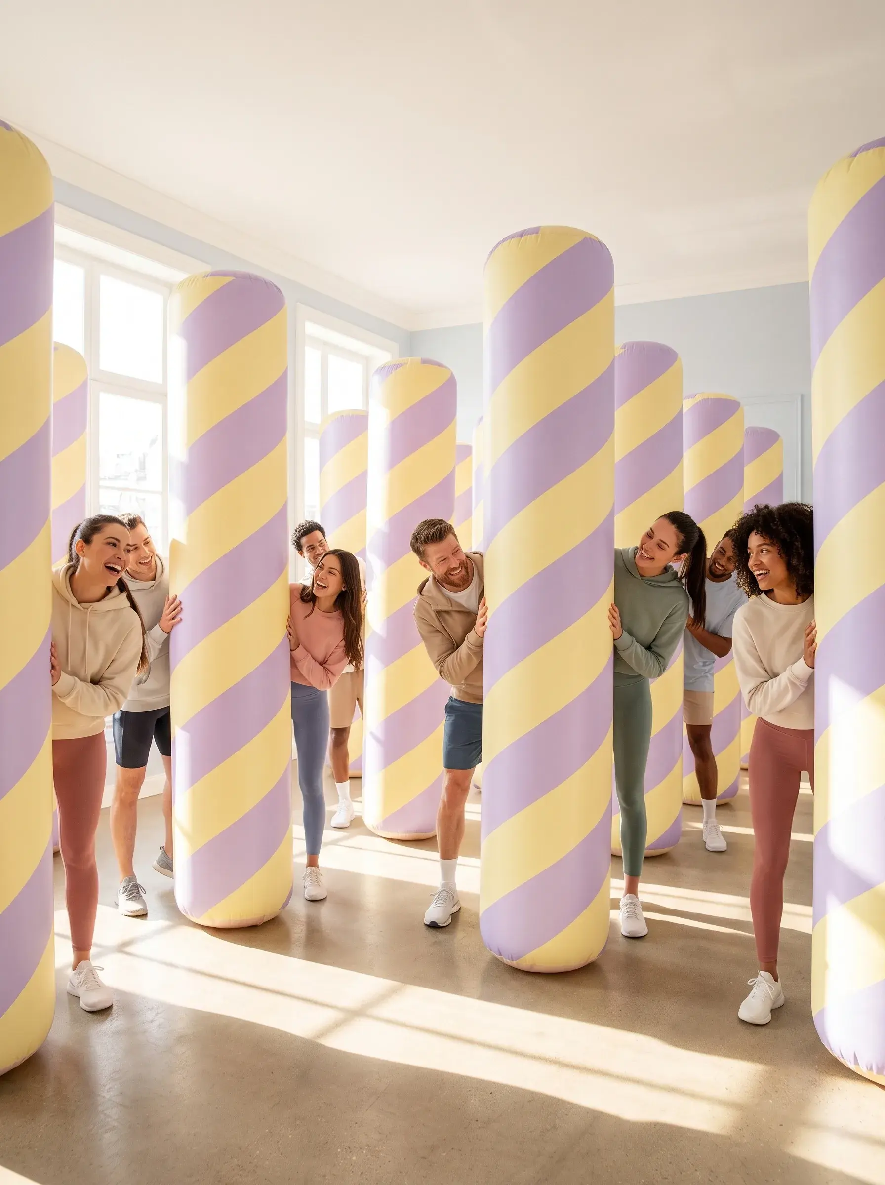 Groupe riant en poussant d'énormes rouleaux gonflables rayés façon bonbons