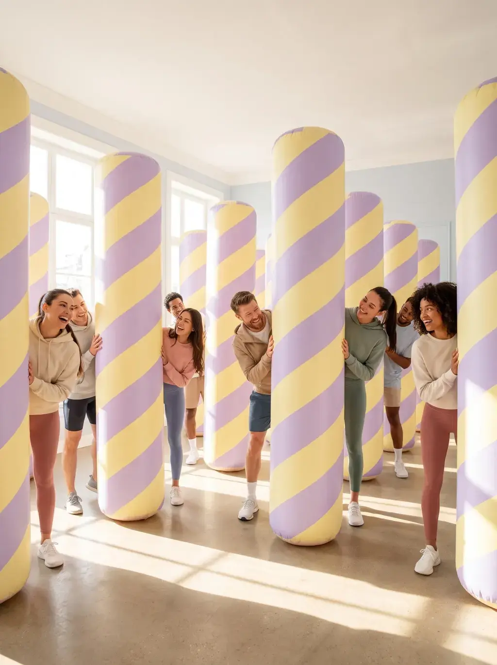 Groupe riant en poussant d'énormes rouleaux gonflables rayés façon bonbons