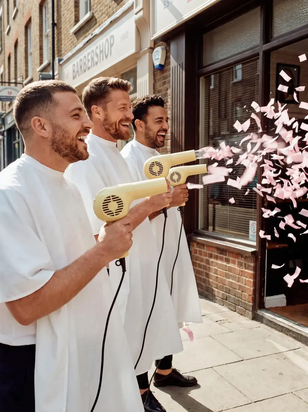 Trois barbiers en tabliers blancs braquant des sèche-cheveux vers une vitrine, confettis roses