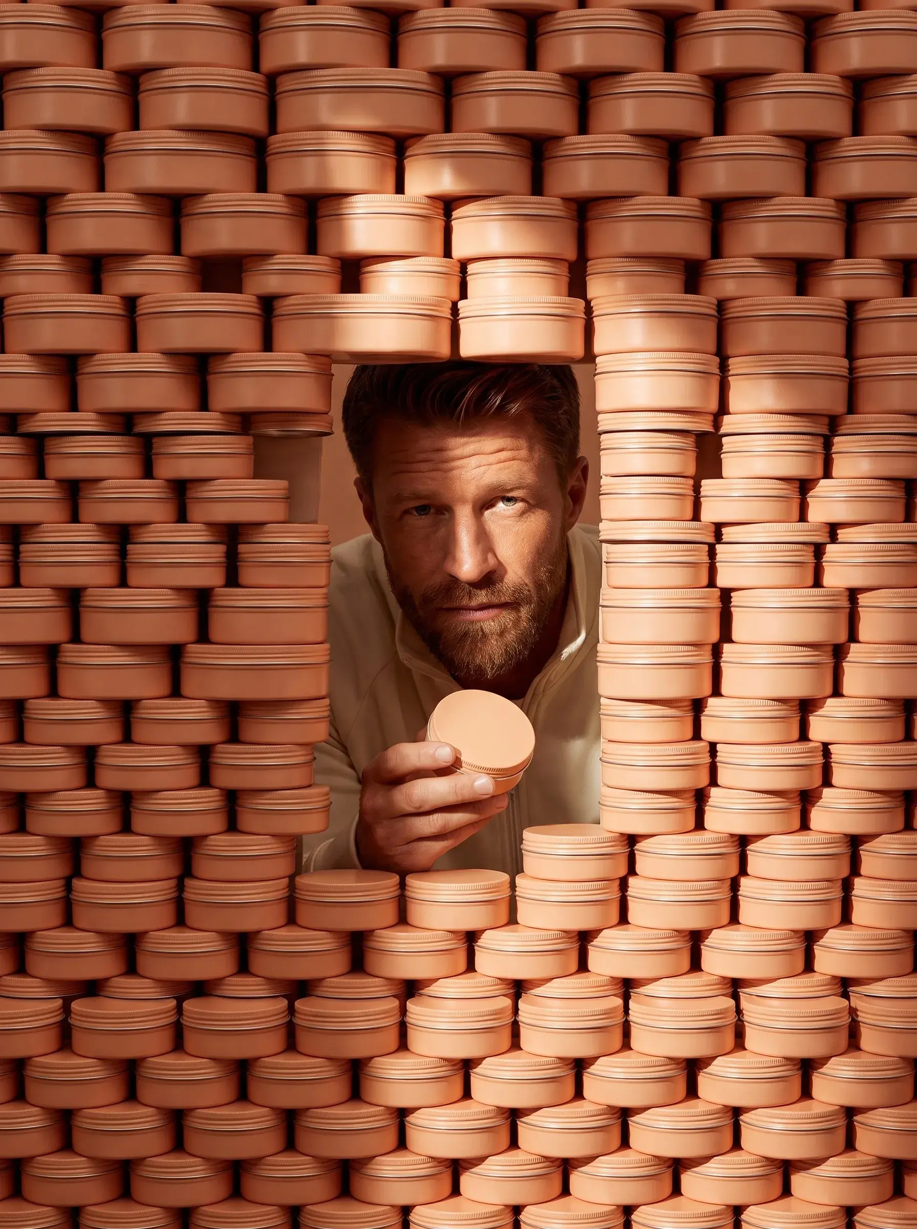 Portrait d'homme regardant à travers un mur de pots de crème terracotta empilés