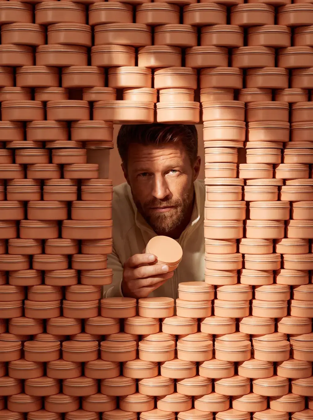 Portrait d'homme regardant à travers un mur de pots de crème terracotta empilés