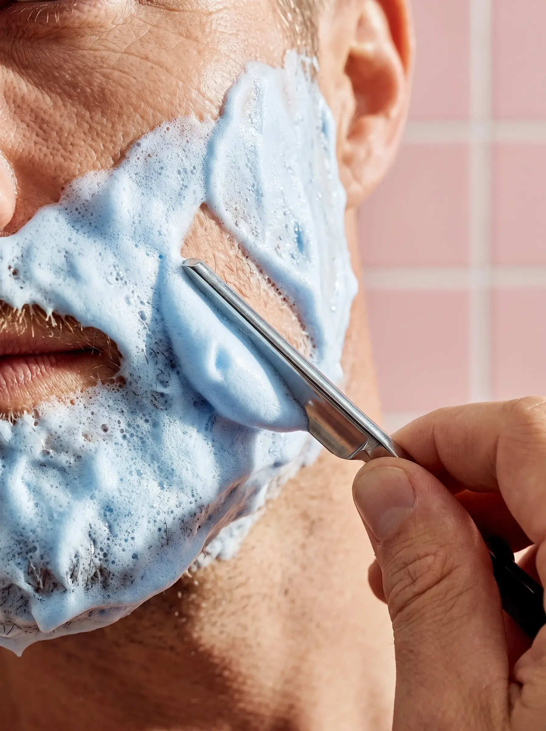 Gros plan d'une joue recouverte de mousse à raser bleue, lame de rasoir en action
