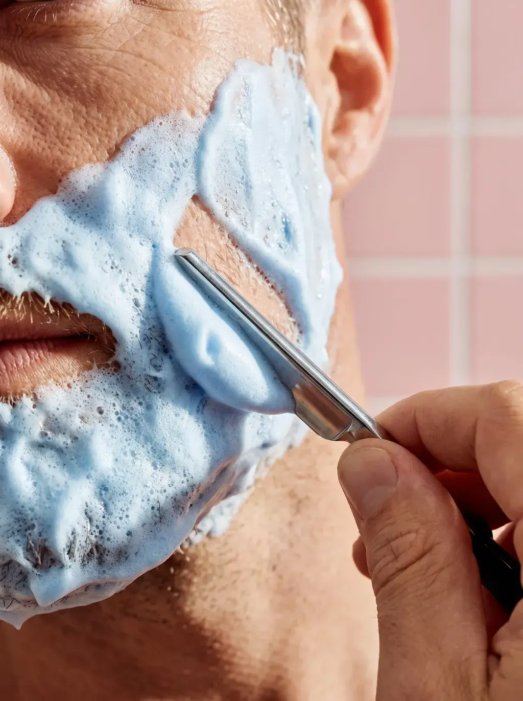 Gros plan d'une joue recouverte de mousse à raser bleue, lame de rasoir en action