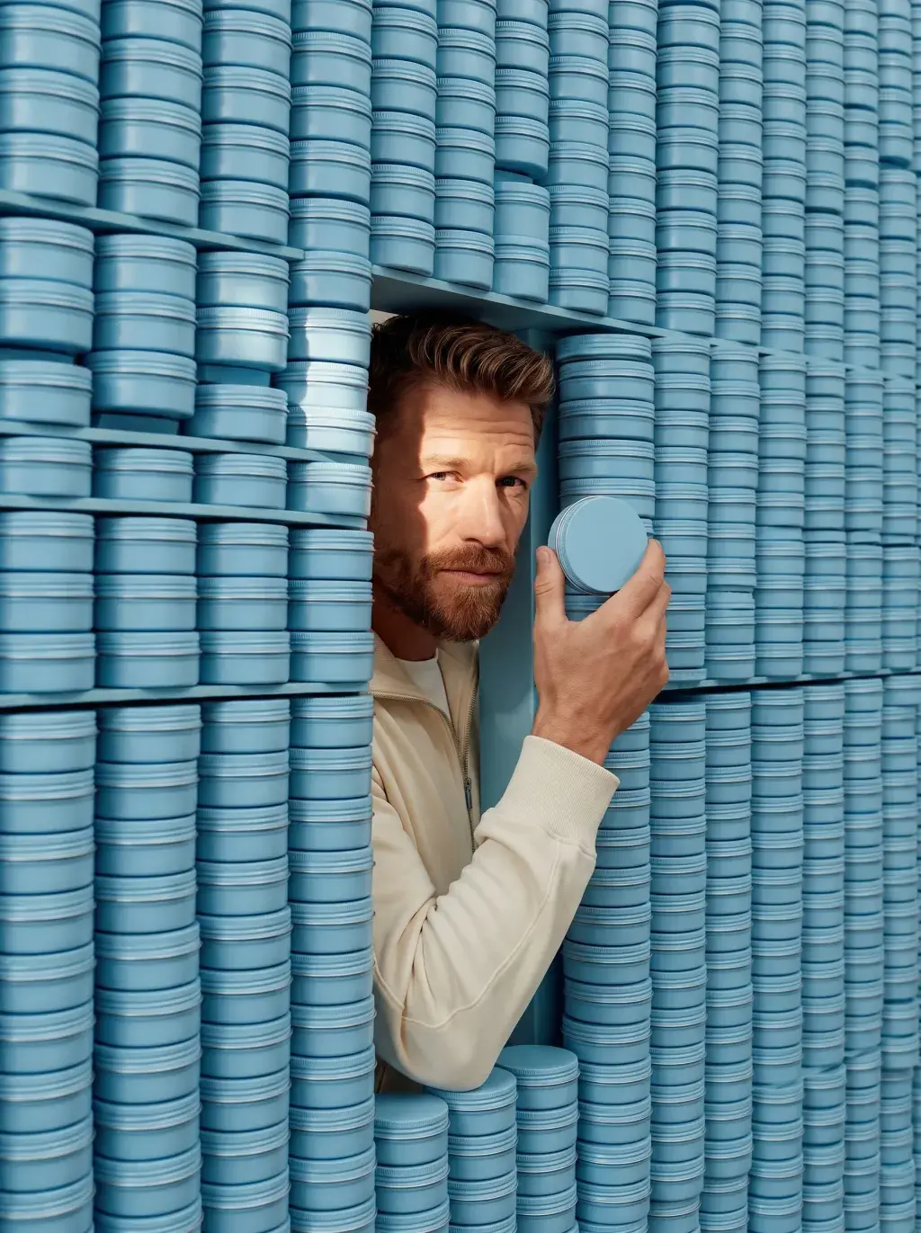 Portrait d'homme regardant à travers un mur de boîtes de pommade bleu ciel empilées