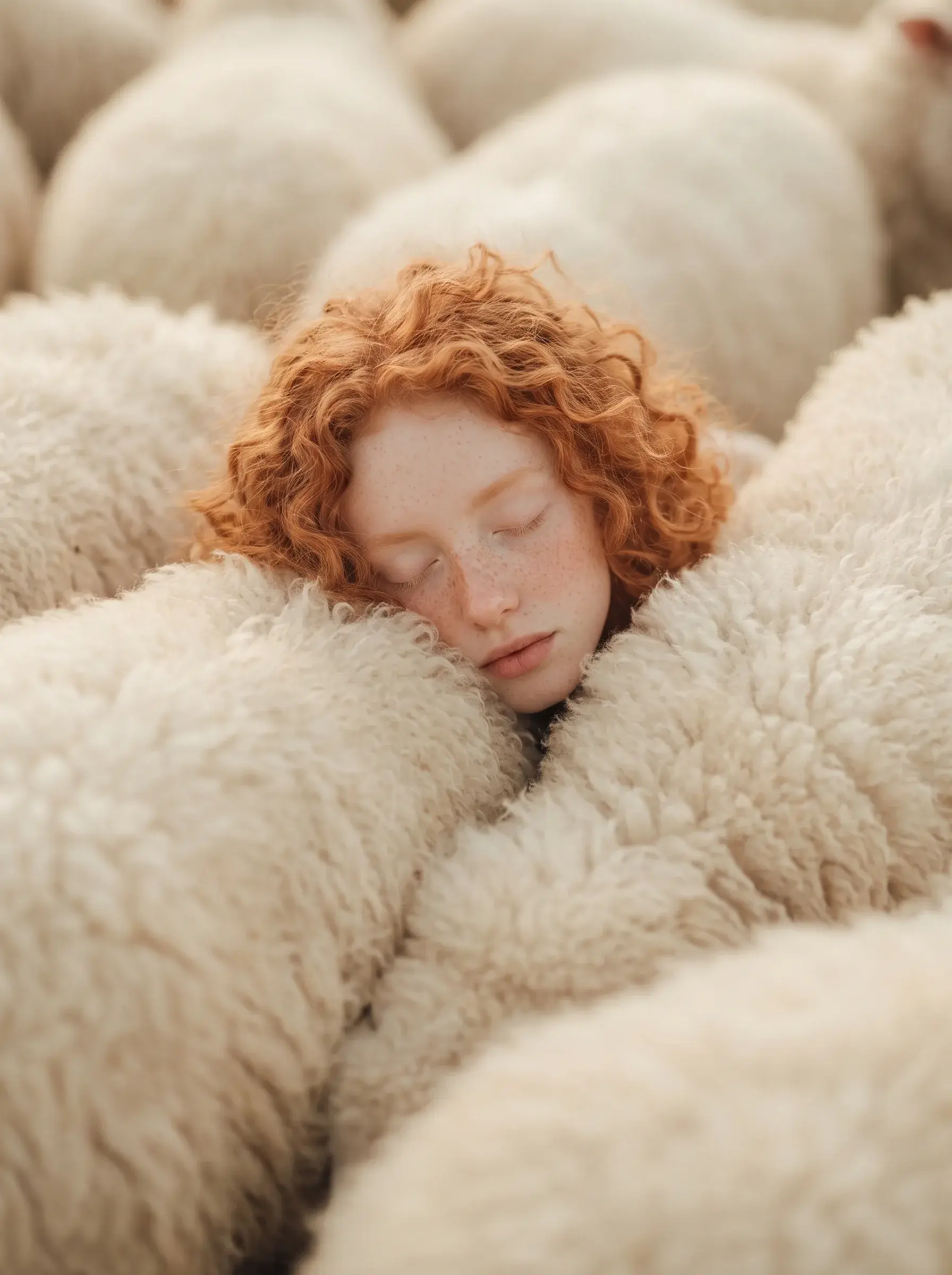 Portrait d'une jeune femme rousse endormie, le visage niché dans la toison d'un troupeau de moutons