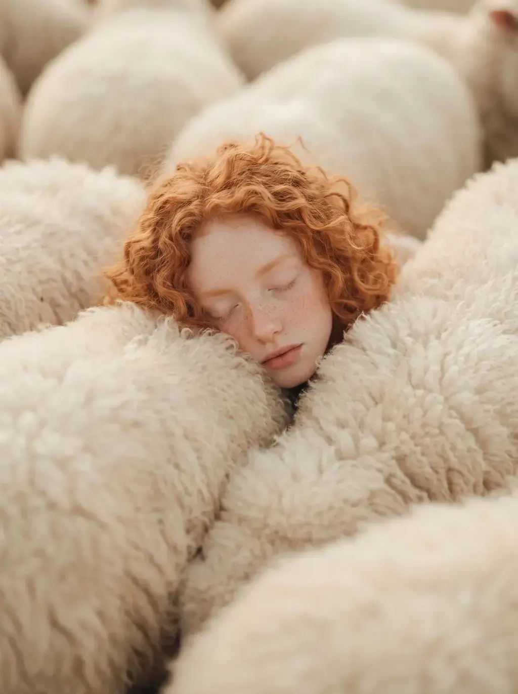 Portrait d'une jeune femme rousse endormie, le visage niché dans la toison d'un troupeau de moutons
