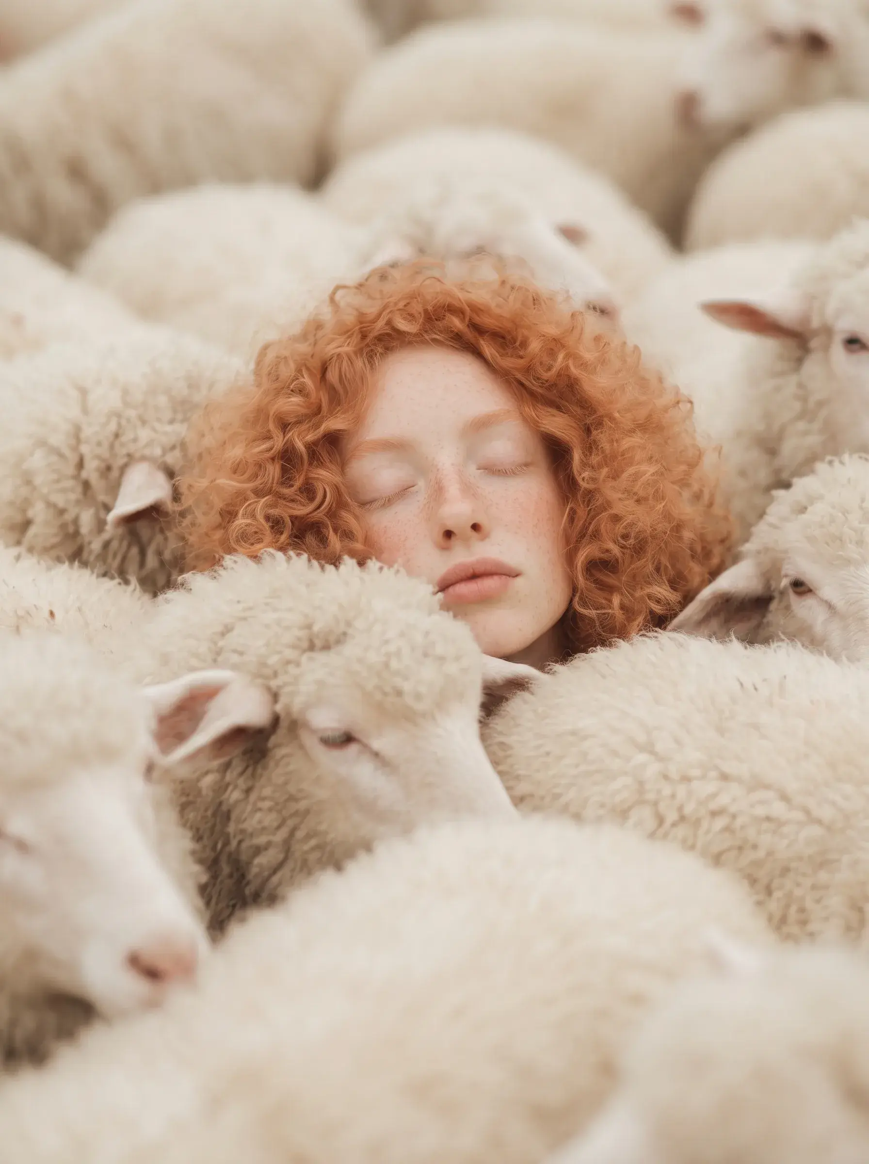 Jeune femme rousse endormie nichée au cœur d'un troupeau de moutons