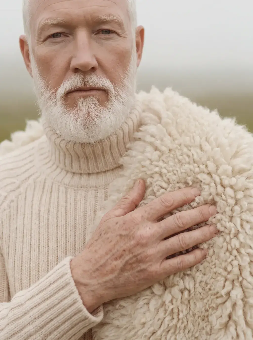 Portrait d'un homme senior à la barbe blanche, la main posée sur une toison de laine brute