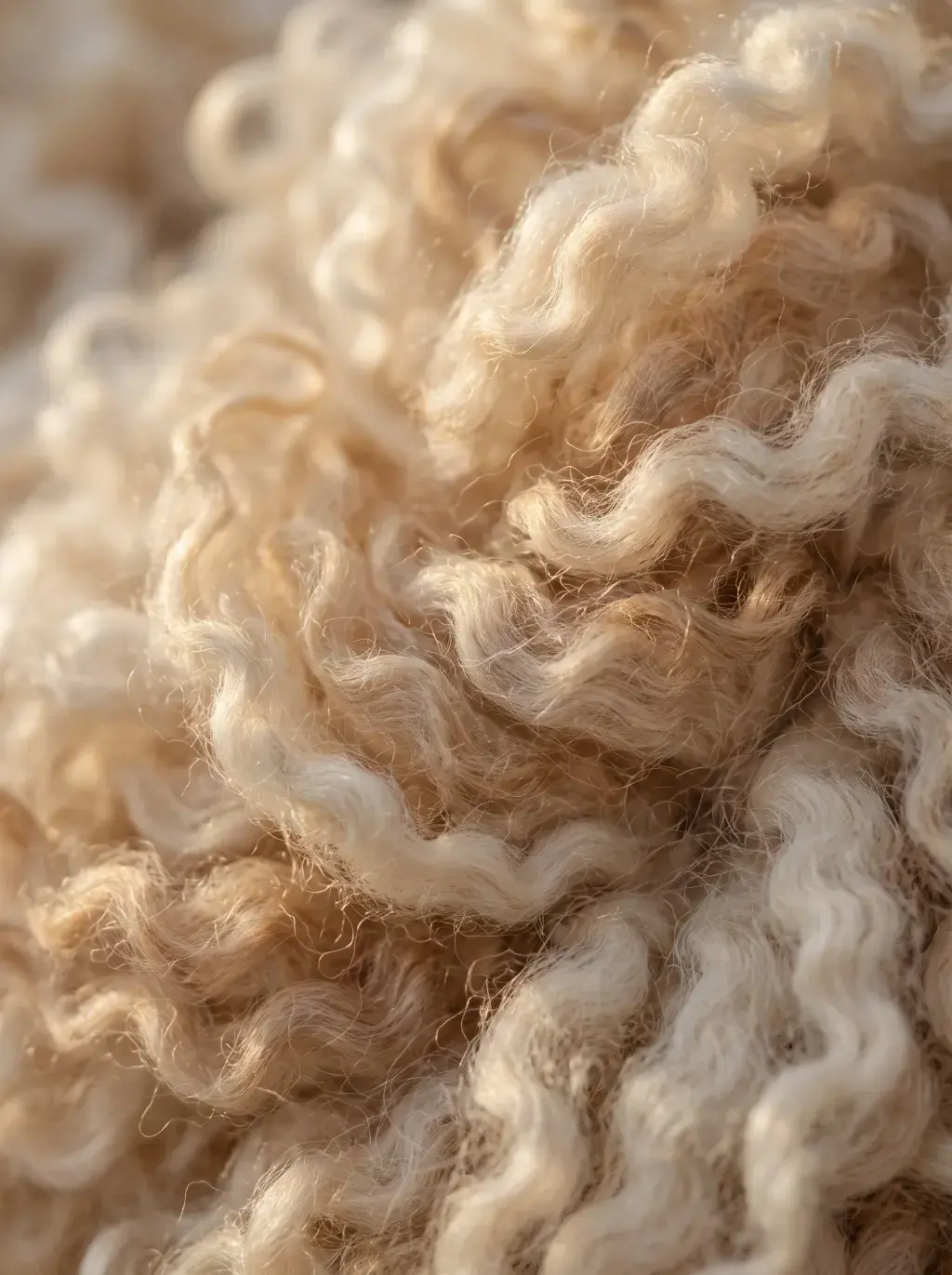 Macro sur des boucles de laine brute dorées par la lumière