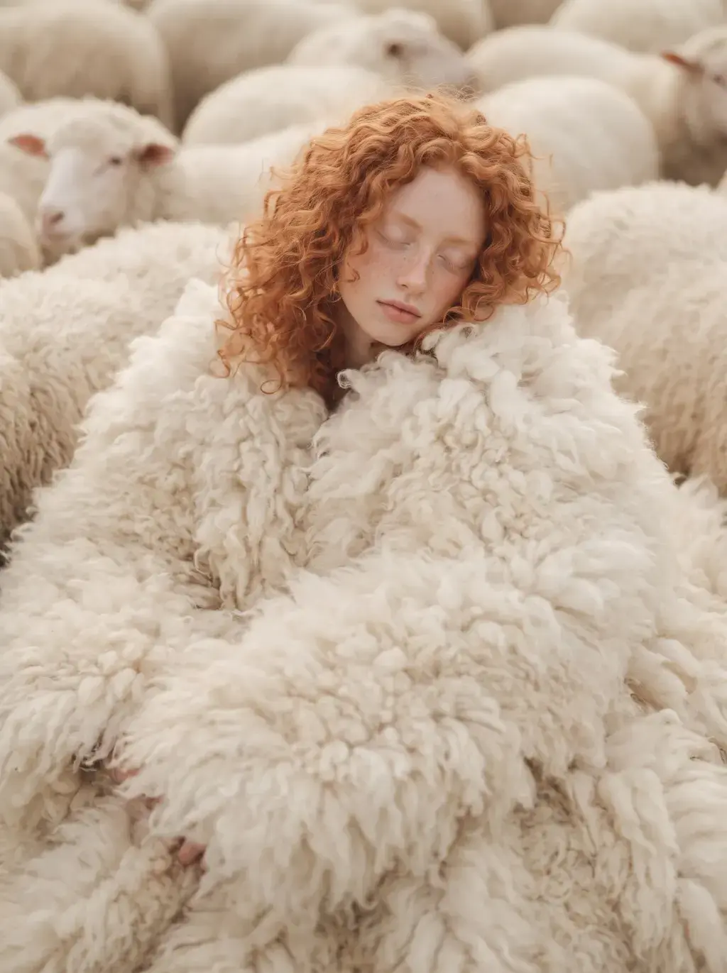 Jeune femme rousse endormie au cœur d'un troupeau, enveloppée dans une épaisse toison