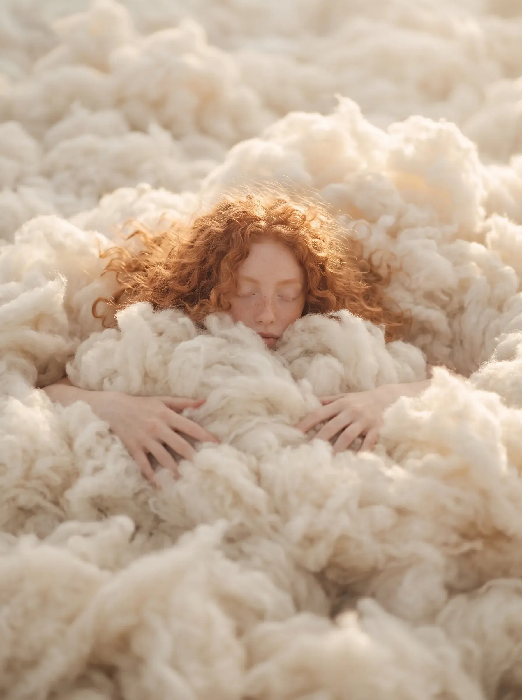 Jeune femme rousse blottie au creux d'un immense nuage de laine, mains agrippées à la toison