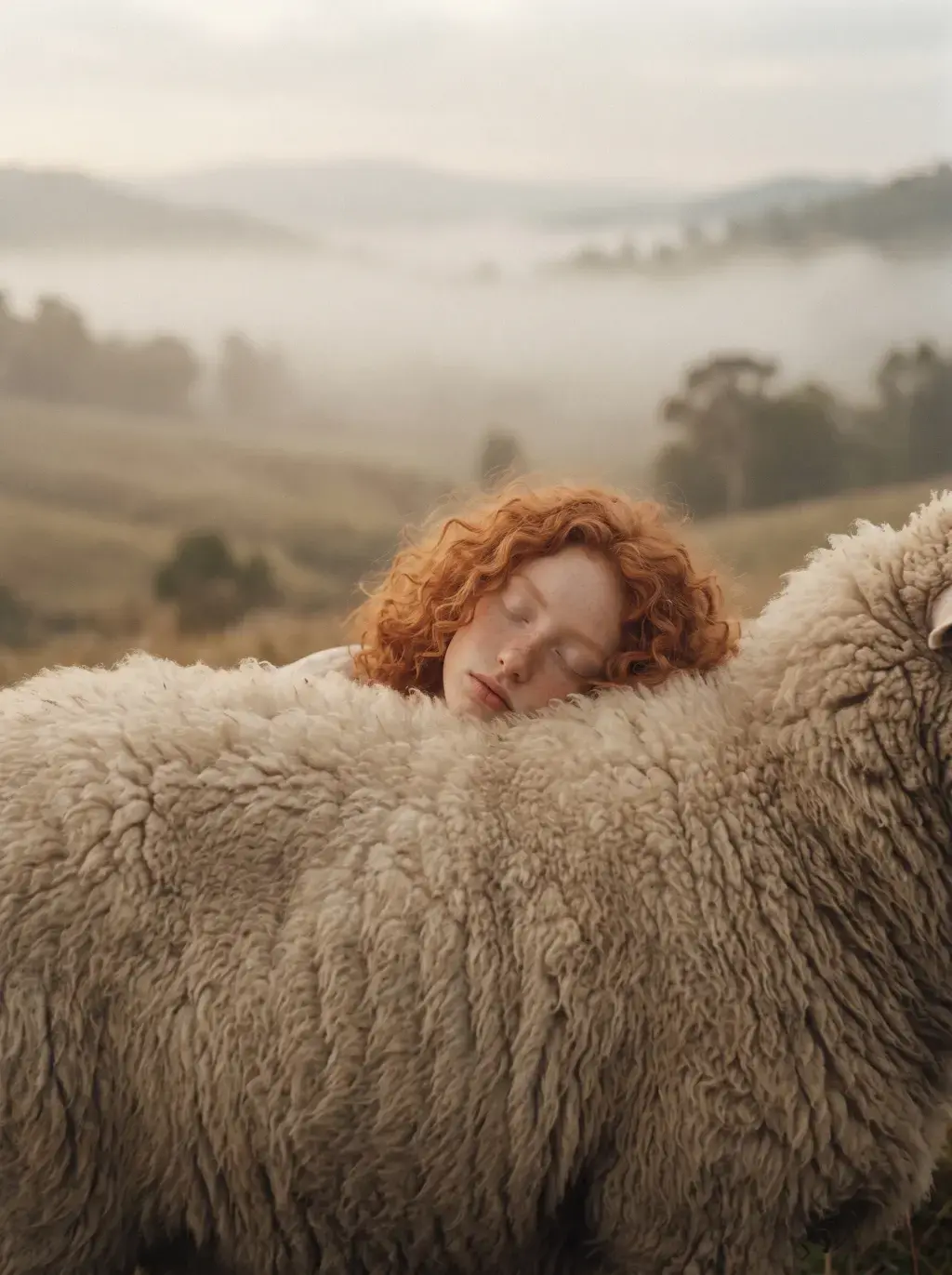 Jeune femme rousse endormie, la tête posée sur le dos laineux d'un mouton face à des collines embrumées