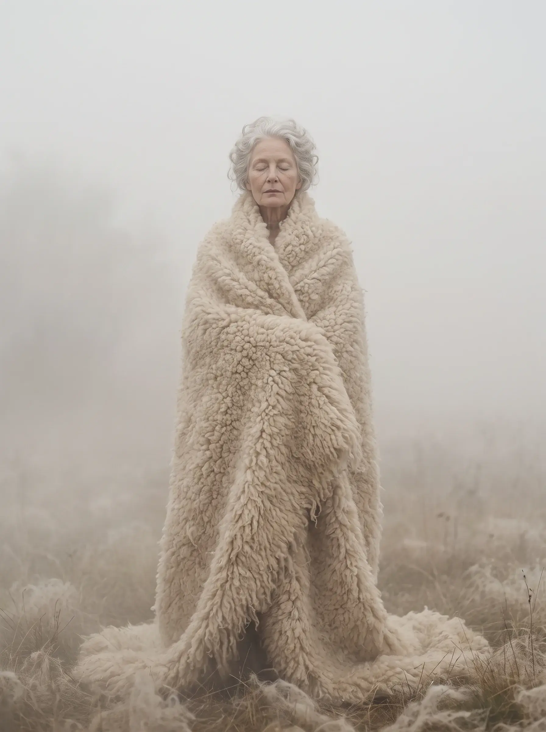 Femme âgée enveloppée dans un épais manteau de laine, silhouette immobile dans la brume