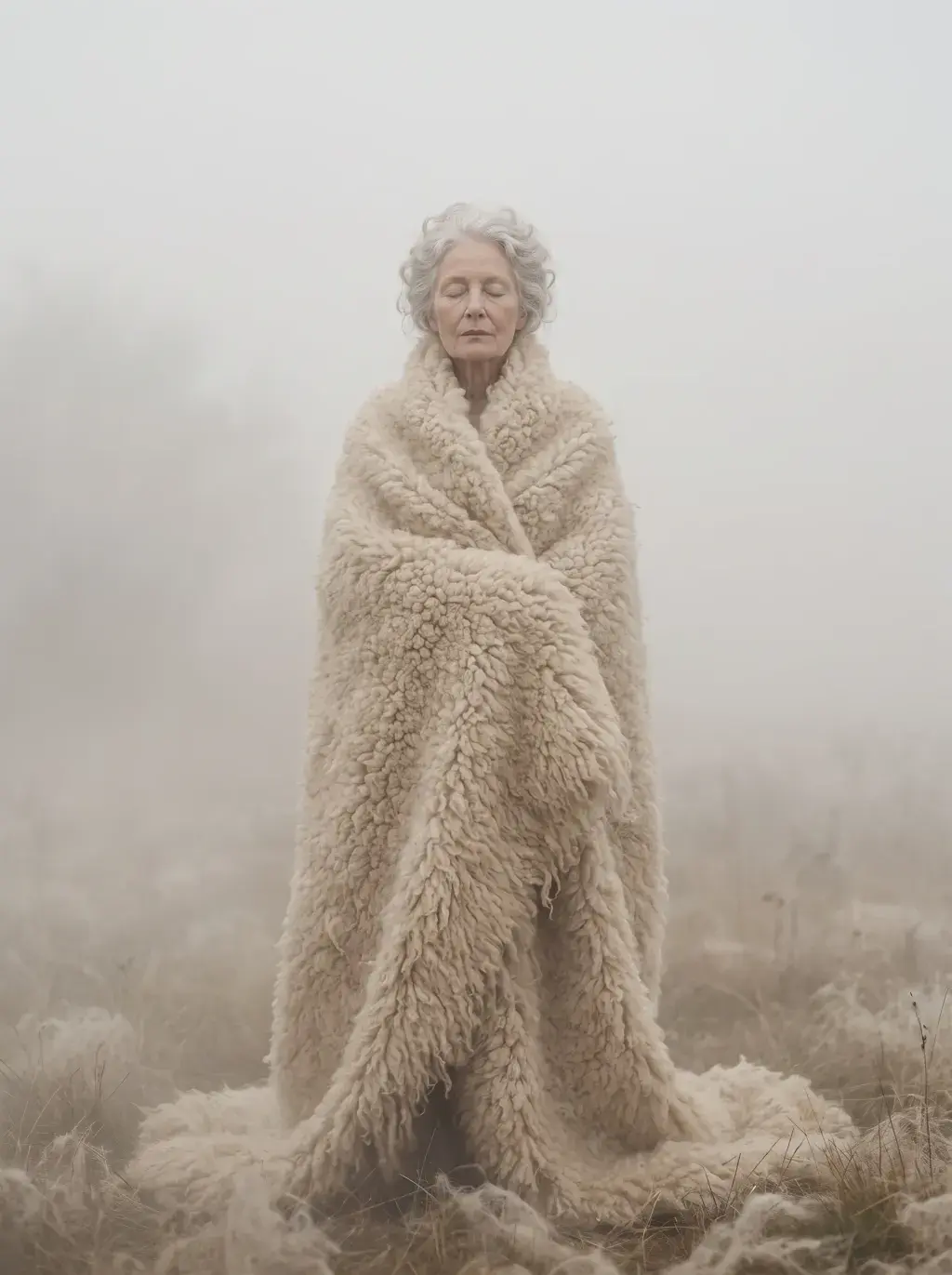 Femme âgée enveloppée dans un épais manteau de laine, silhouette immobile dans la brume