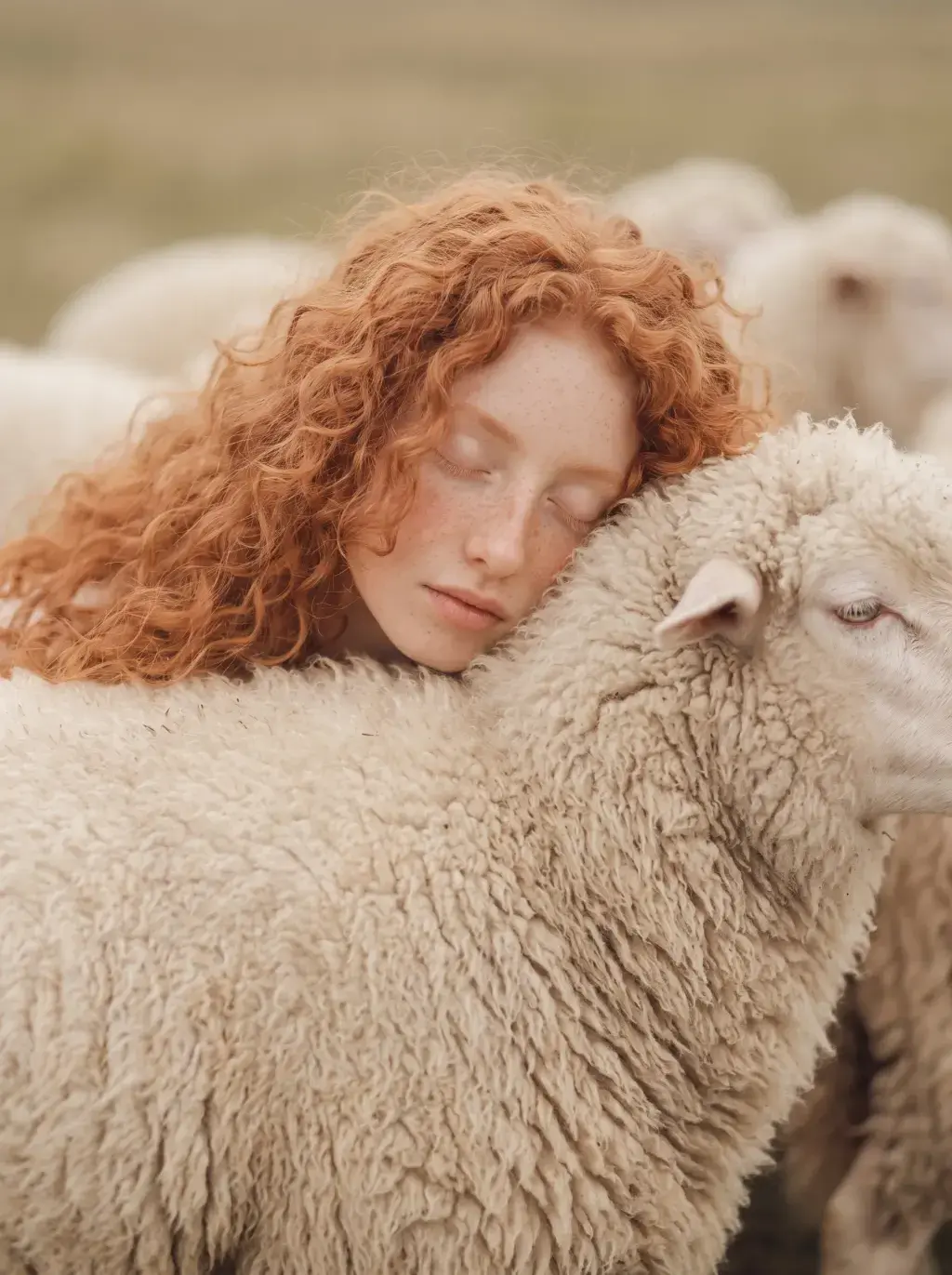 Jeune femme rousse aux boucles endormie, joue contre la toison chaude d'un mouton