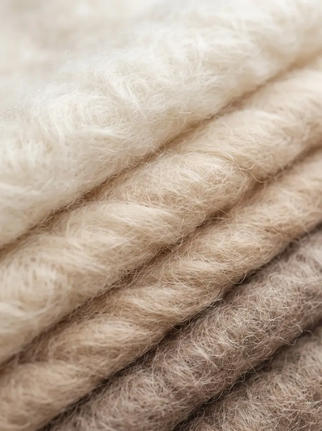 Macro sur un dégradé de pelotes de laine tricotées, du crème au taupe