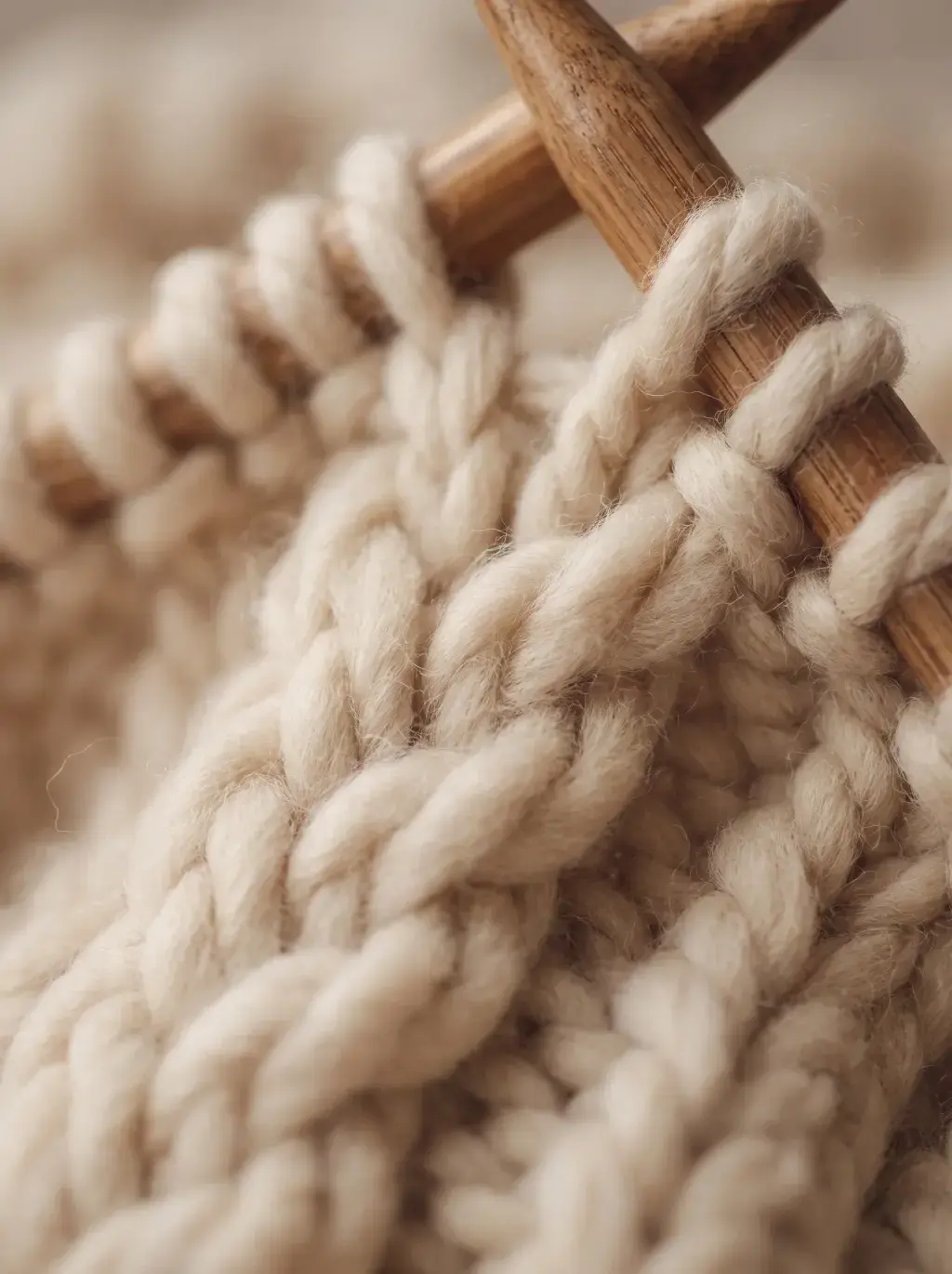 Gros plan sur un tricot en cours sur aiguilles en bois, laine épaisse écrue