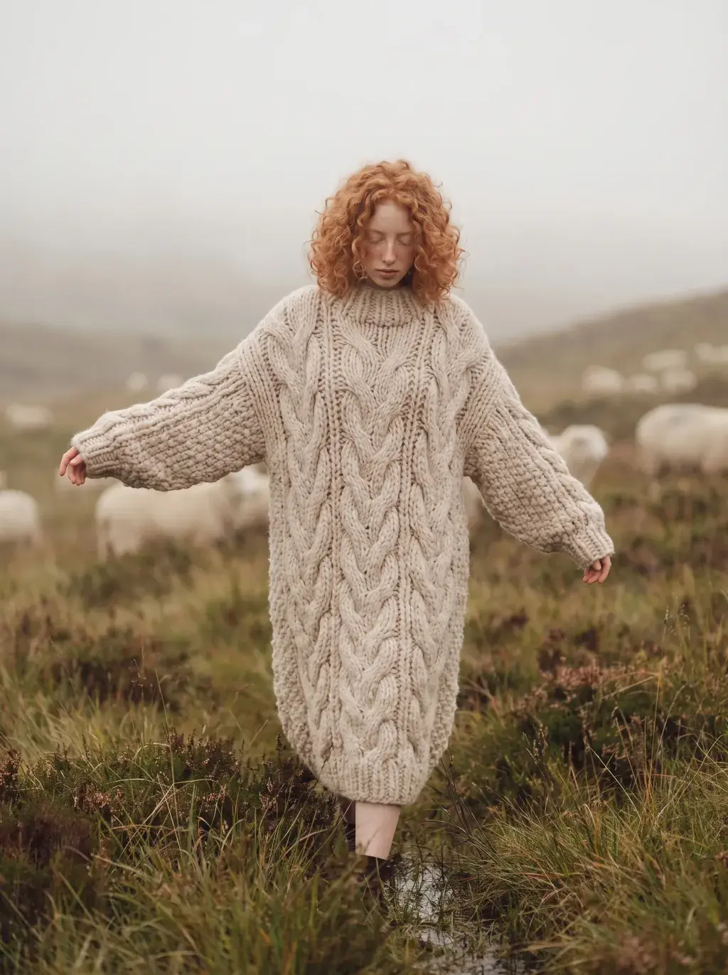 Jeune femme rousse en robe-manteau torsadée traversant un pré embrumé, bras déployés