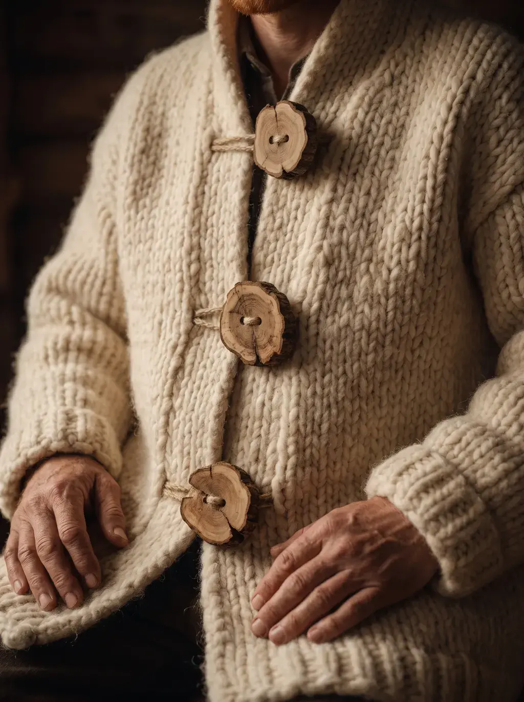 Détail d'un cardigan en grosse maille écrue fermé par des boutons en bois brut