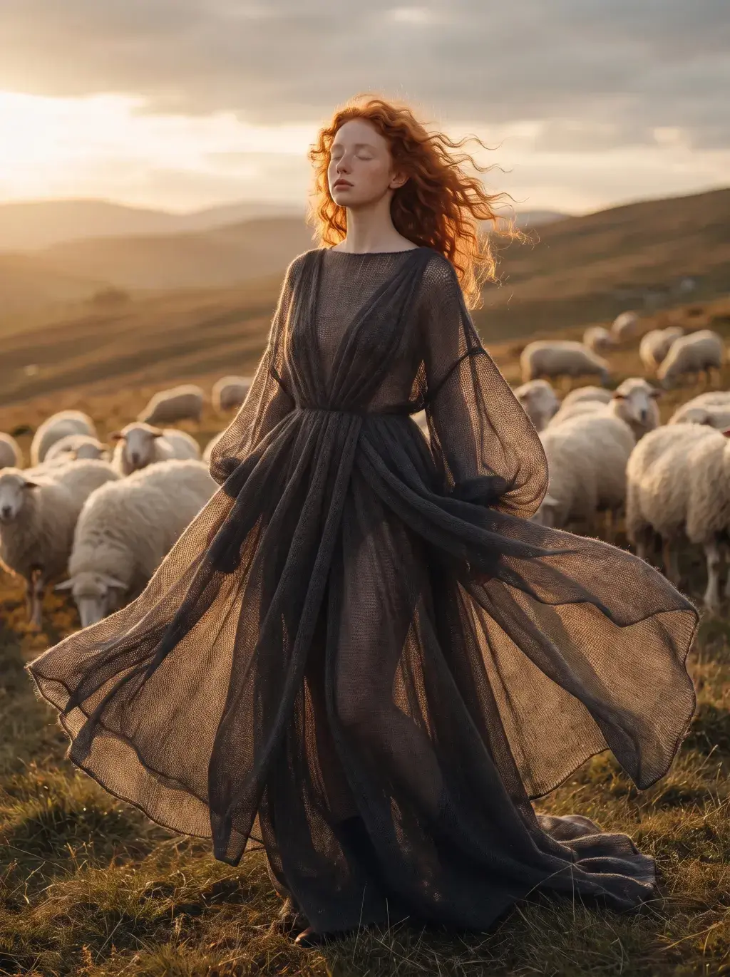 Jeune femme rousse en robe voile sombre debout parmi un troupeau de moutons au coucher du soleil